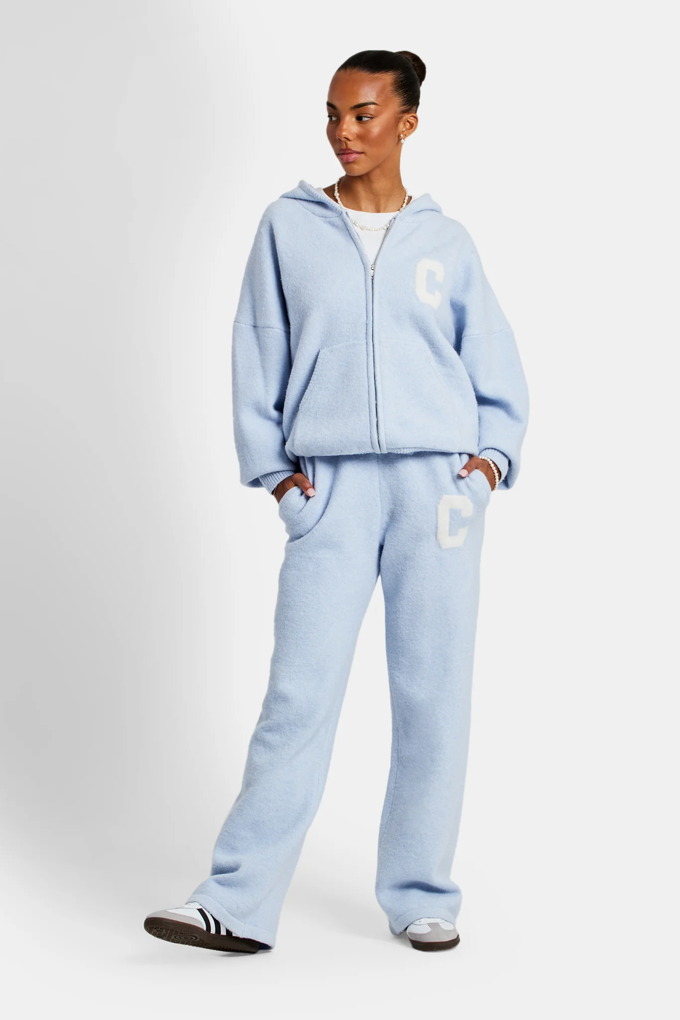 Hooded Zip Through Knitted Jumper - Light Blue - Image 3