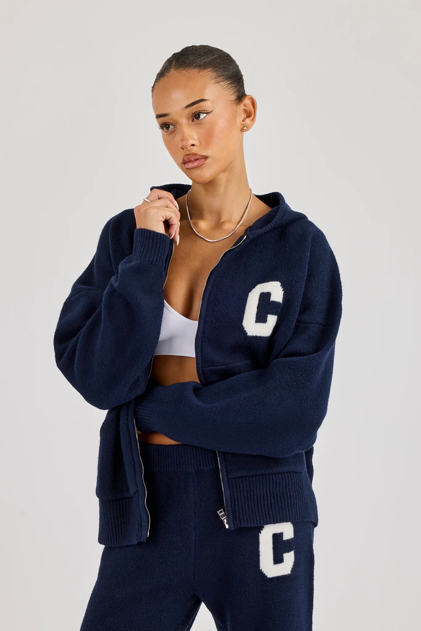 Hooded Zip Through Knitted Jumper - Navy - Image 2