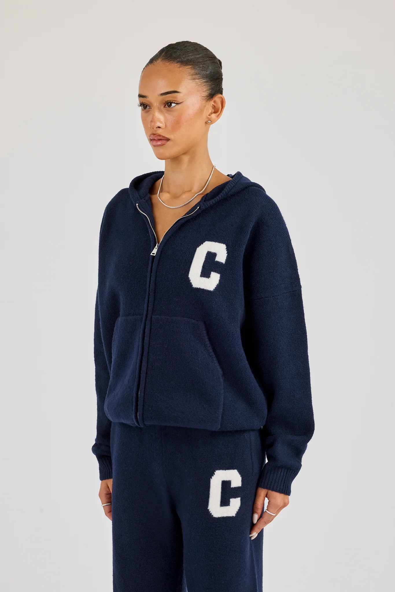 Hooded Zip Through Knitted Jumper - Navy - Image 3