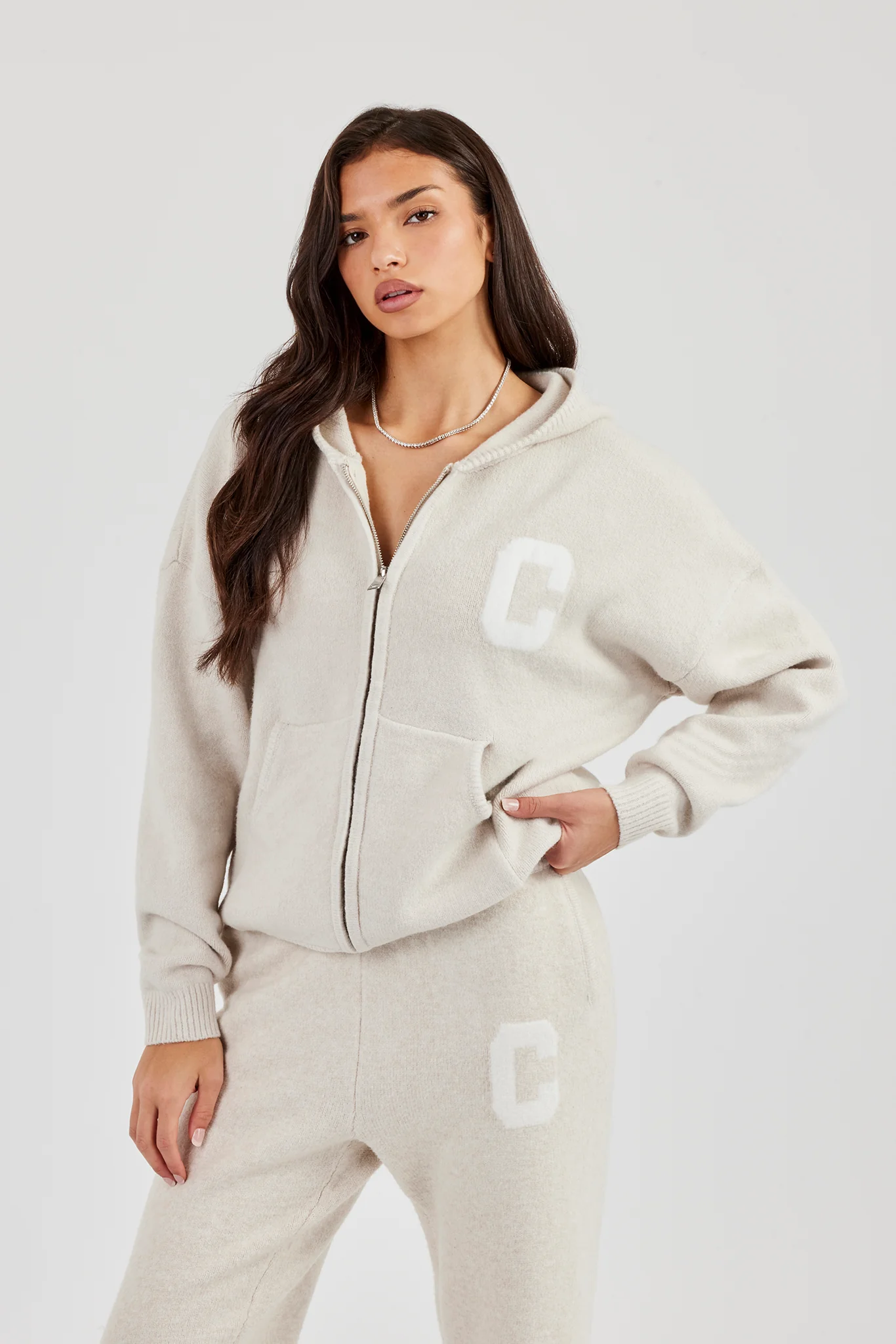 Hooded Zip Through Knitted Jumper - Oatmeal - Image 5