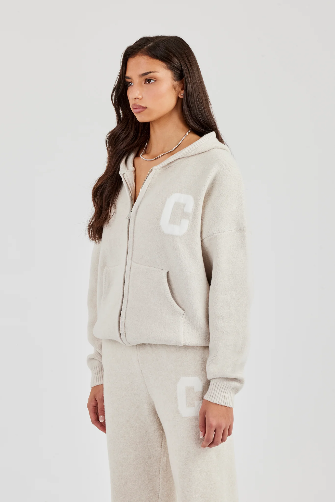 Hooded Zip Through Knitted Jumper - Oatmeal - Image 6