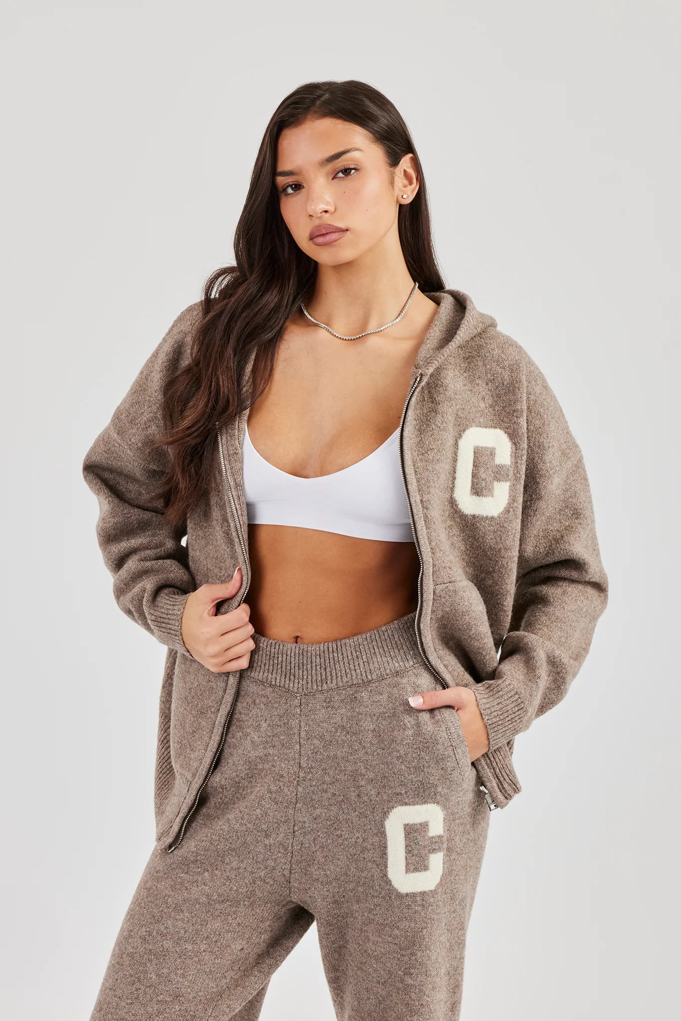 Hooded Zip Through Knitted Jumper - Taupe - Image 2