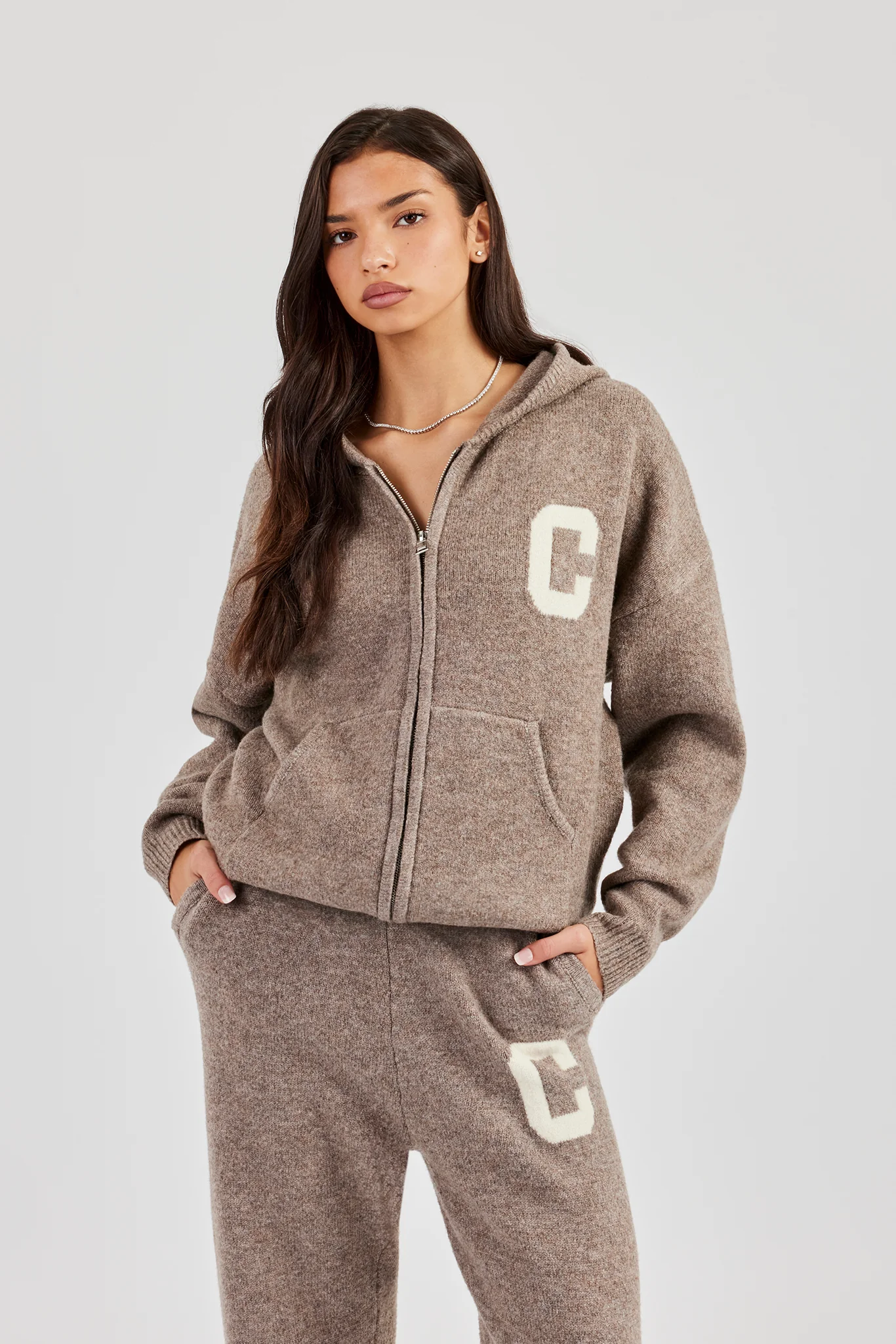 Hooded Zip Through Knitted Jumper - Taupe - Image 8