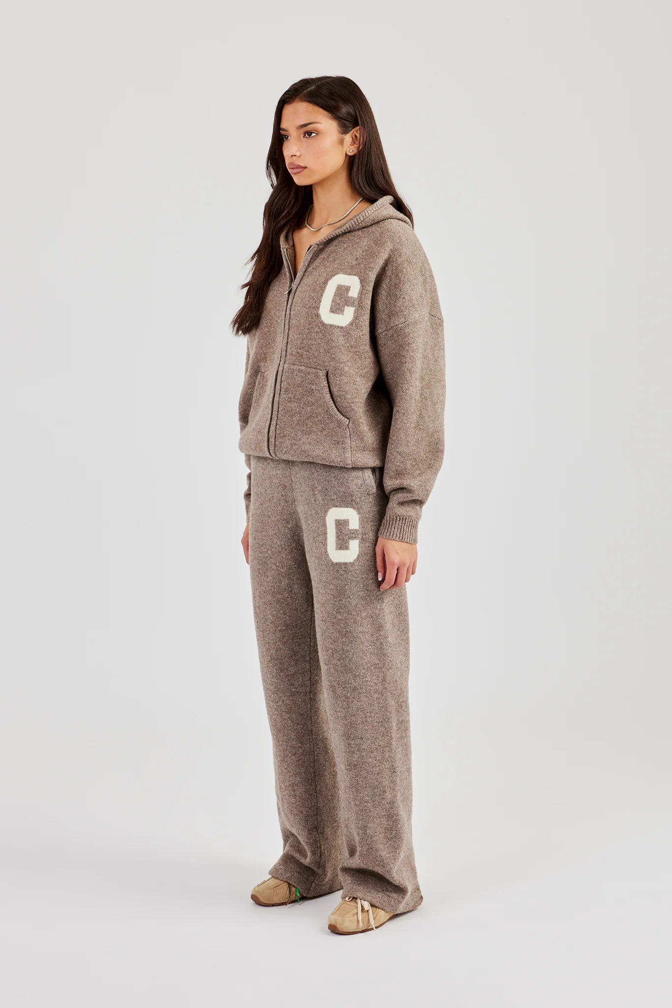 Hooded Zip Through Knitted Tracksuit - Taupe - Image 5