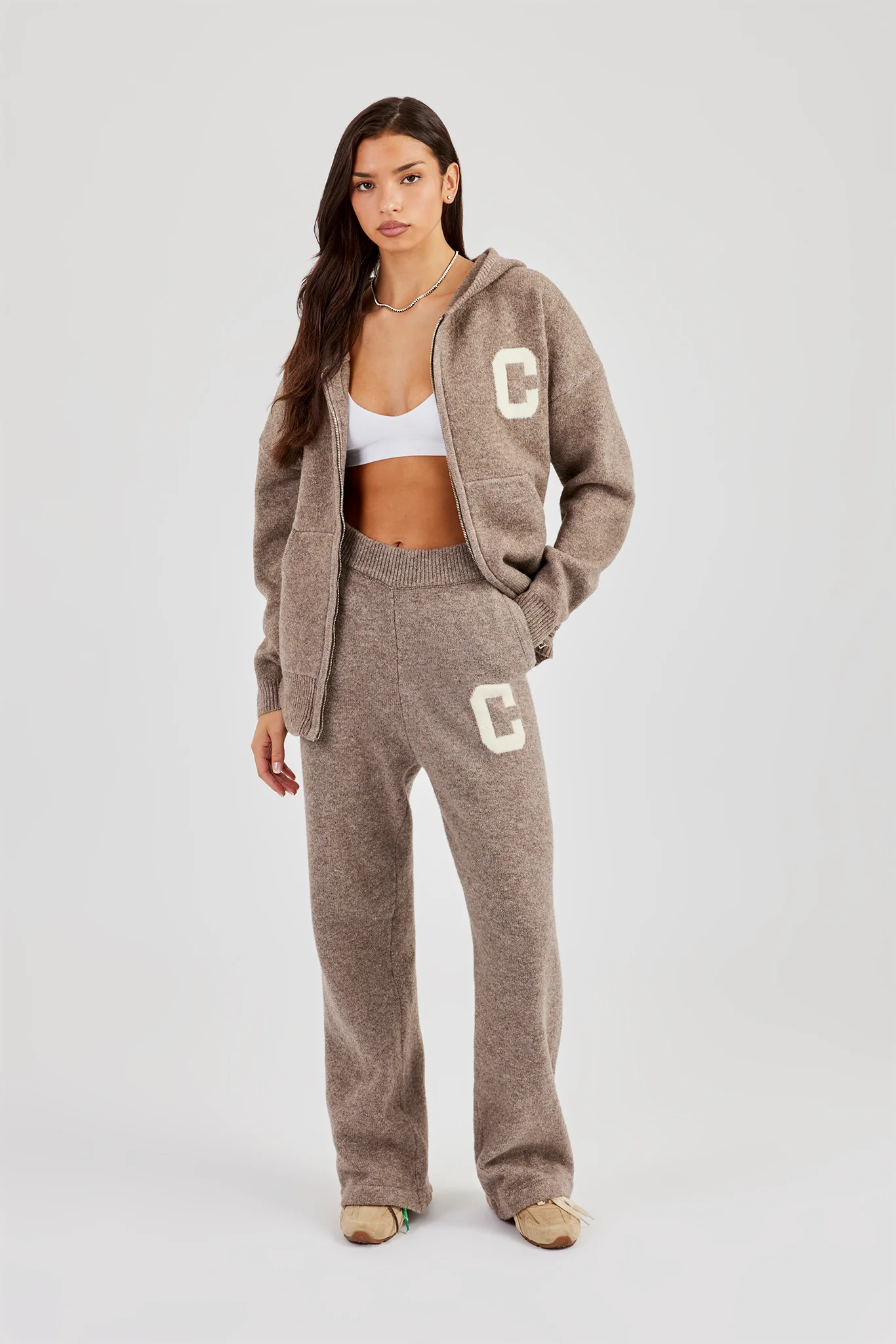 Hooded Zip Through Knitted Tracksuit - Taupe - Image 7