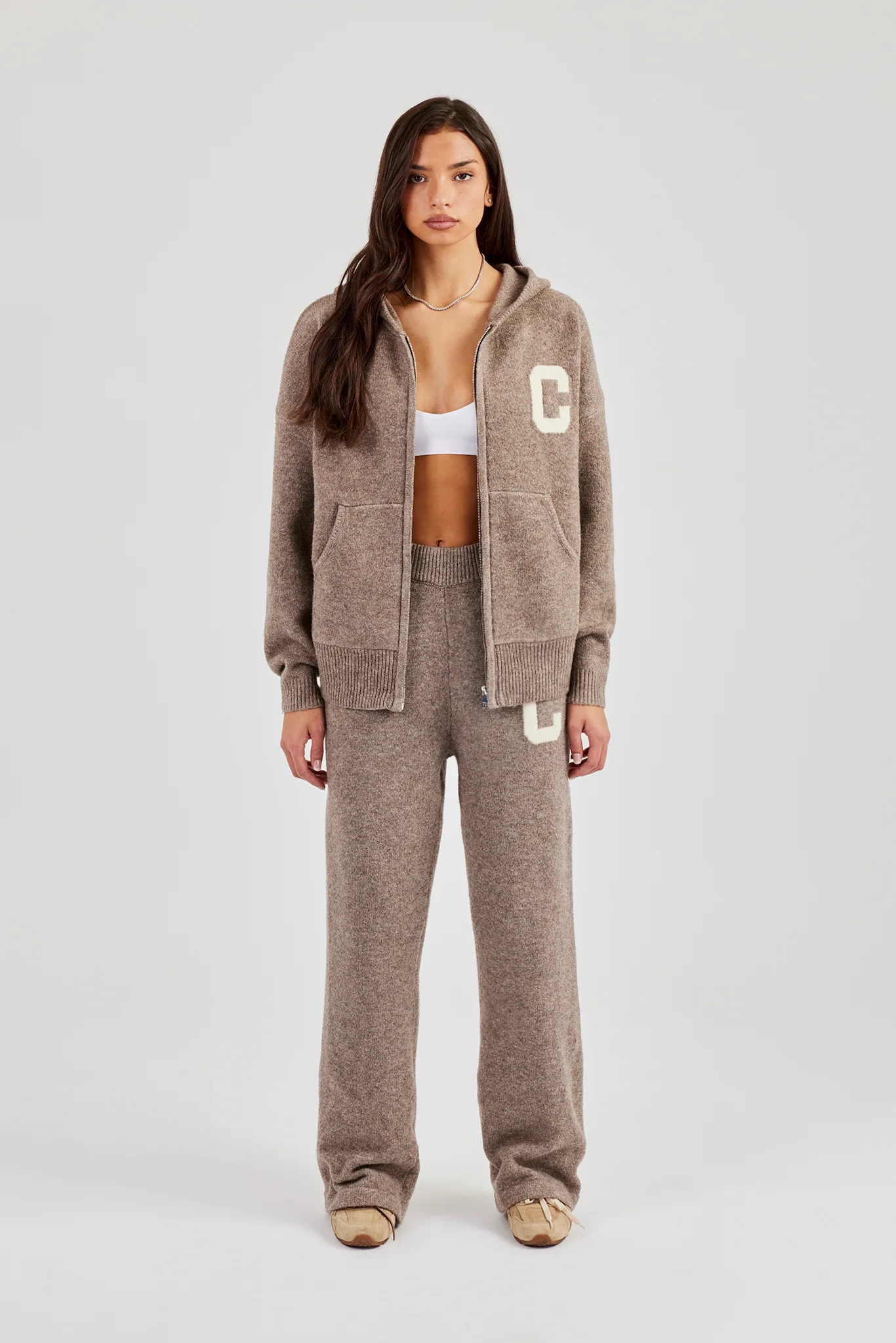 Hooded Zip Through Knitted Tracksuit - Taupe - Image 8