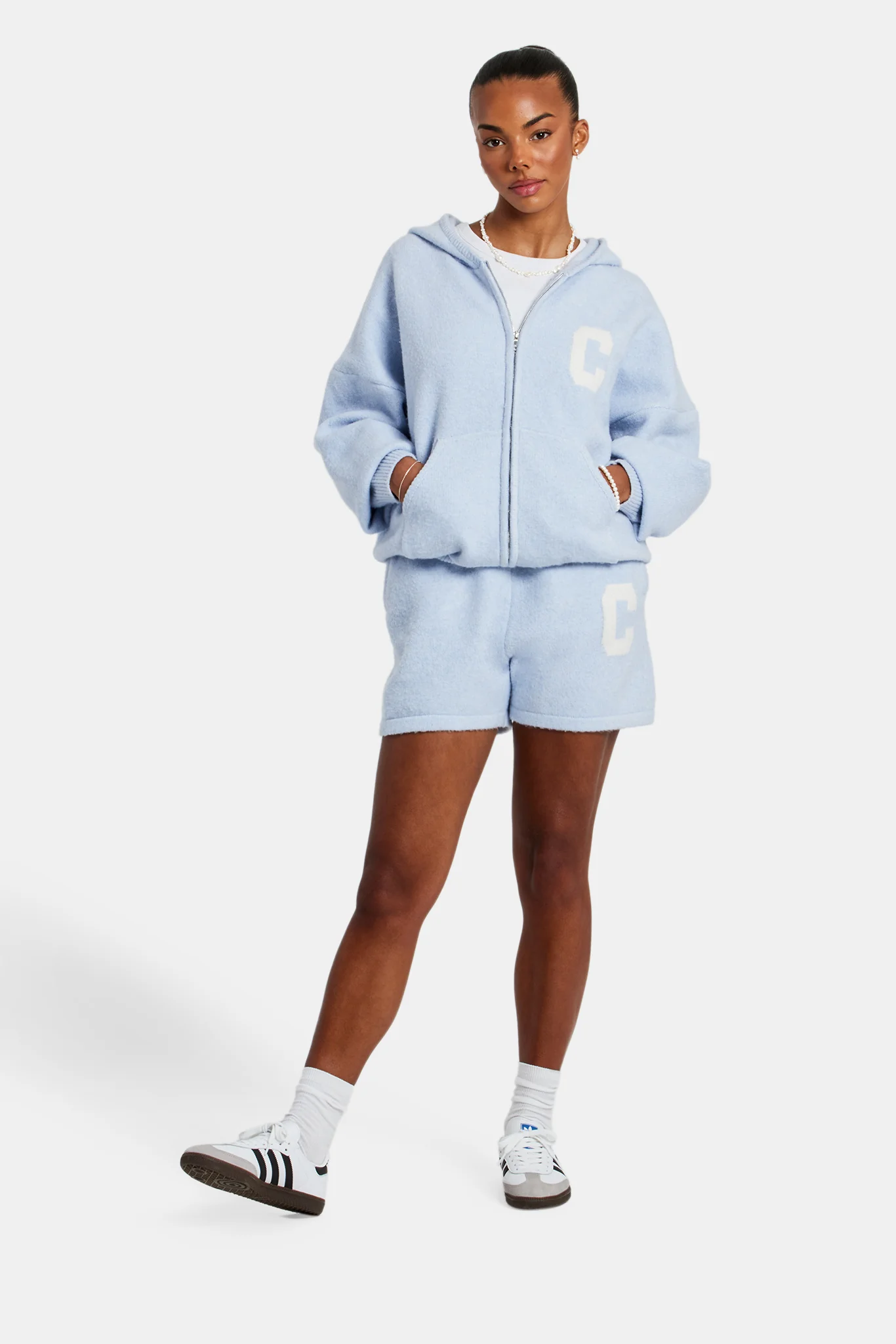 Hooded Zip Through Knitted Short Tracksuit - Light Blue - Image 5
