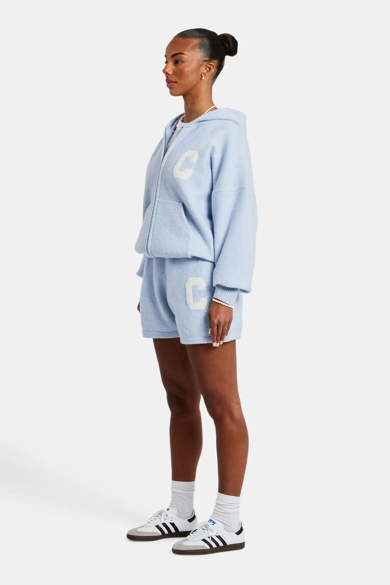 Hooded Zip Through Knitted Short Tracksuit - Light Blue - Image 6