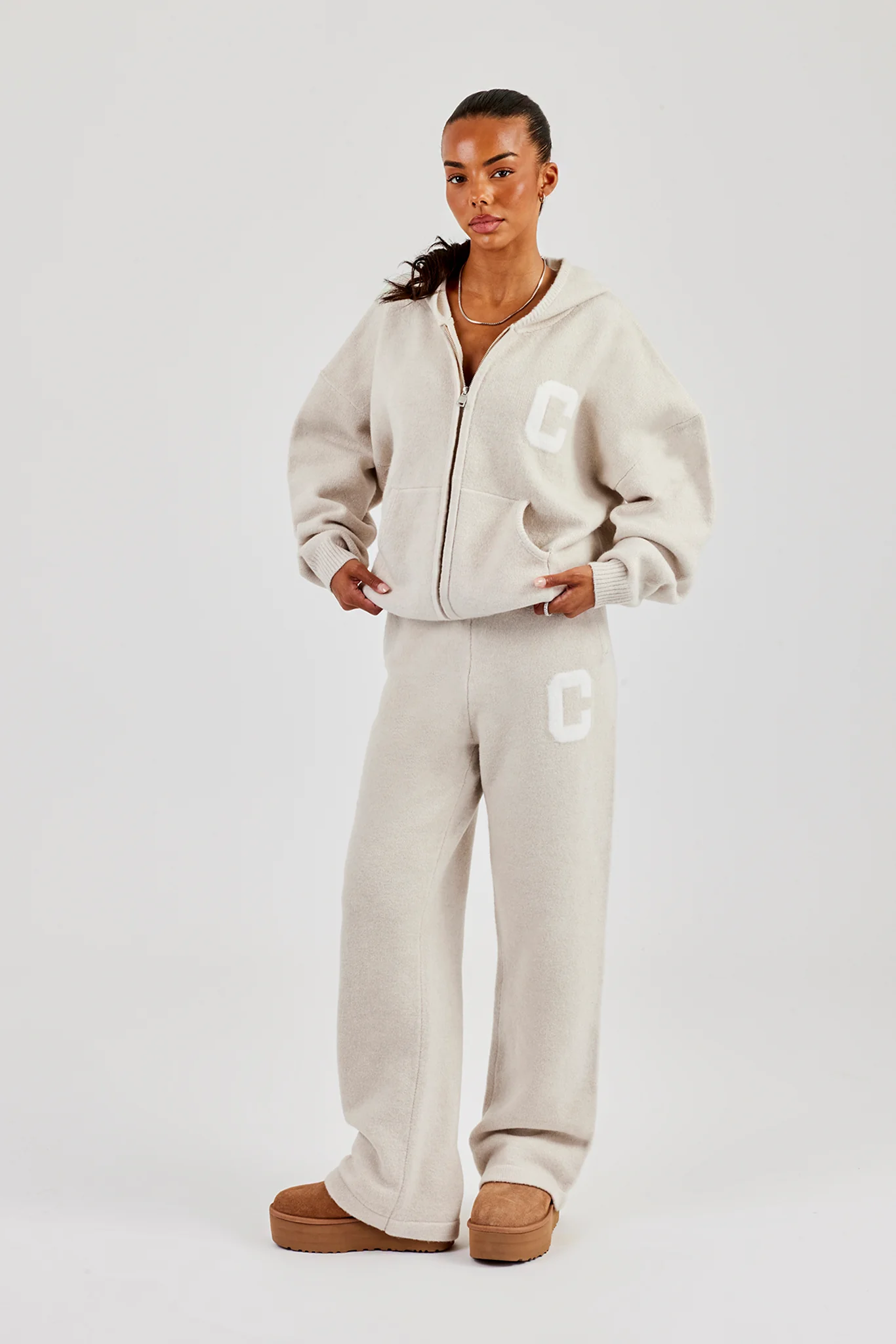 Hooded Zip Through Knitted Tracksuit - Oatmeal - Image 4