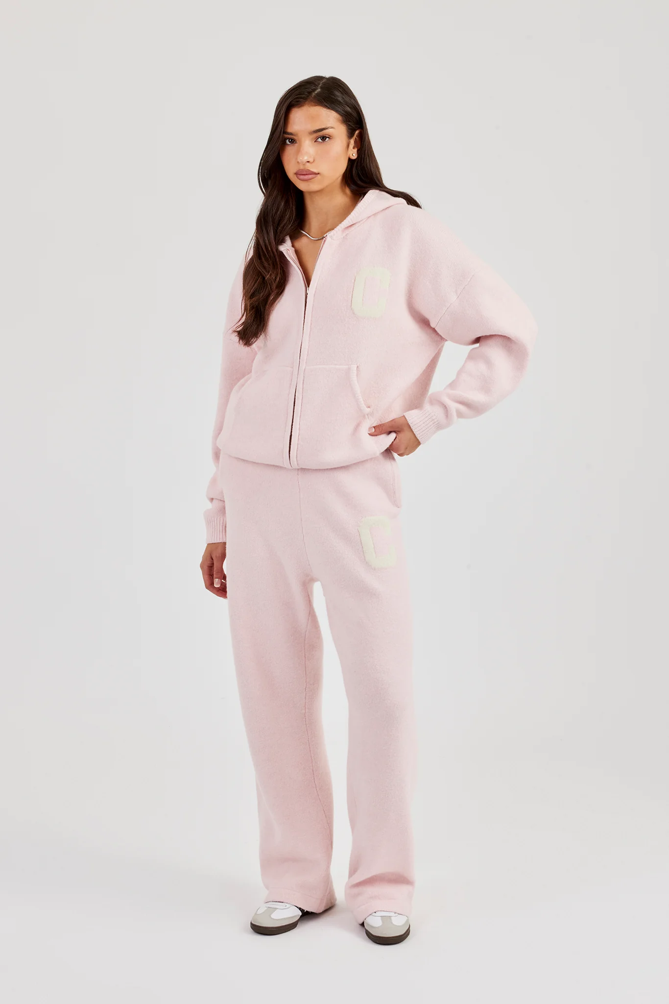 Hooded Zip Through Knitted Tracksuit - Baby Pink - Image 2