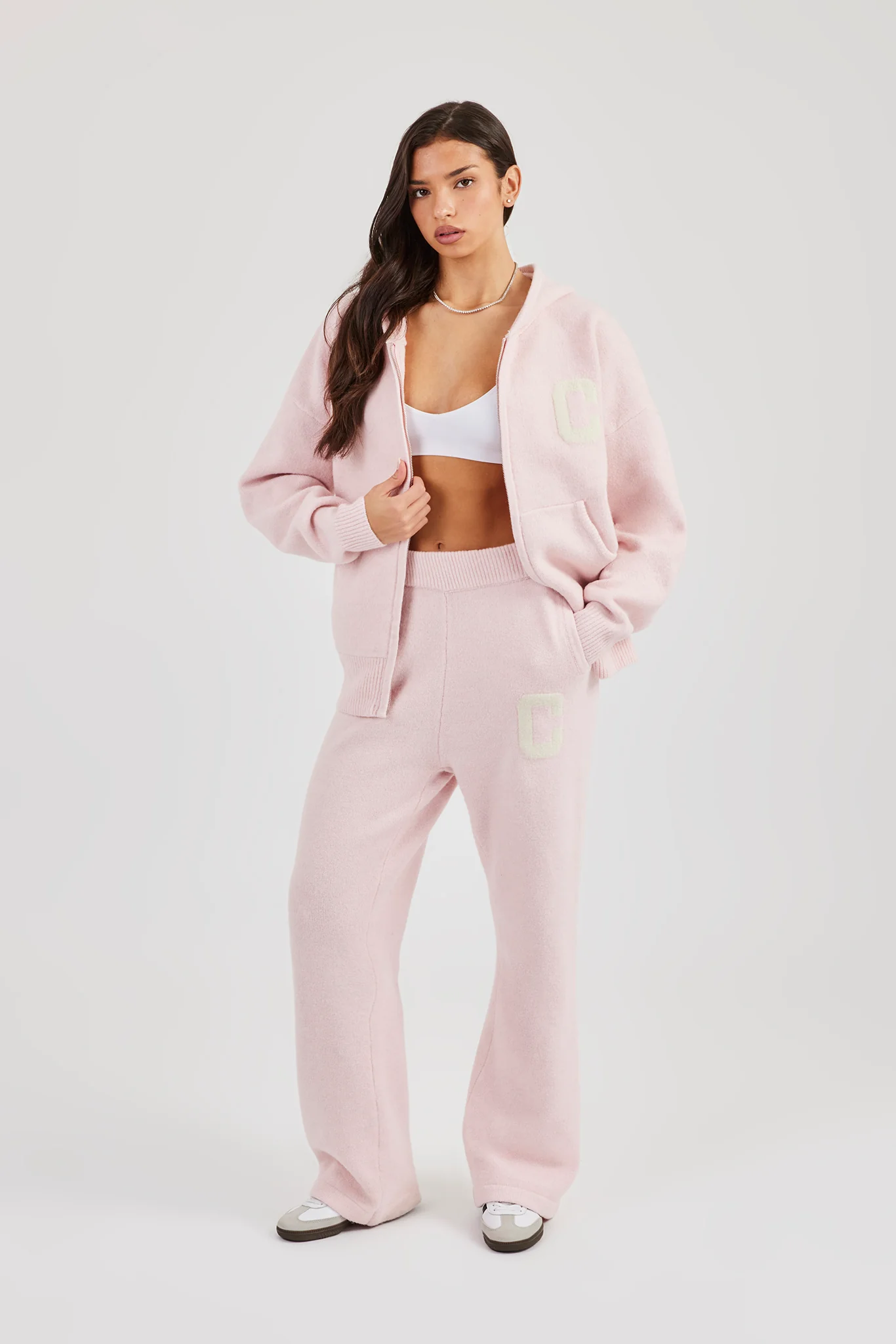 Hooded Zip Through Knitted Tracksuit - Baby Pink - Image 4