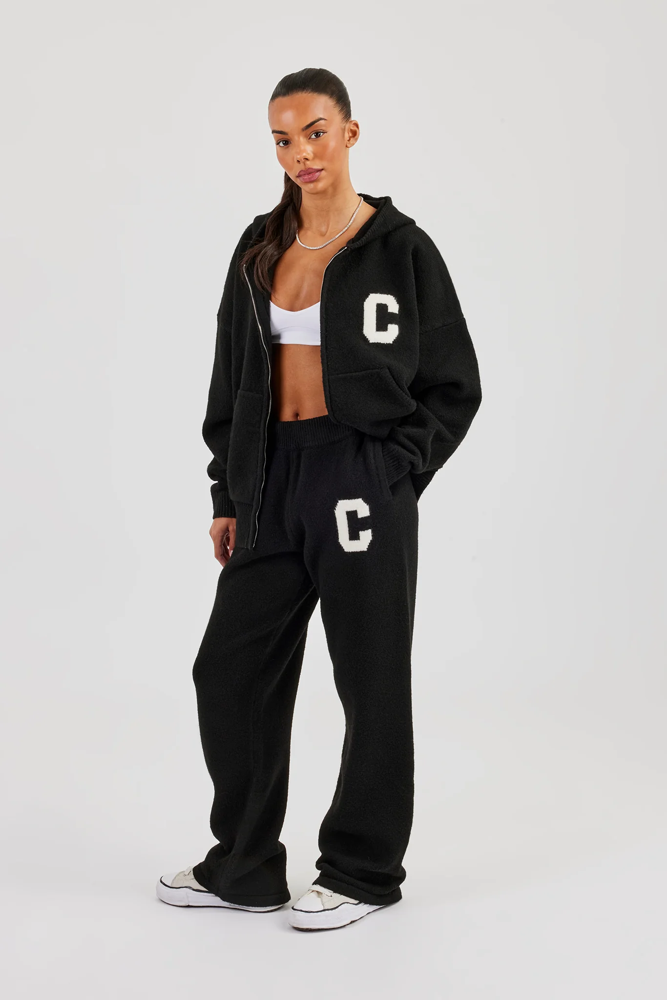 Hooded Zip Through Knitted Tracksuit - Black - Image 2