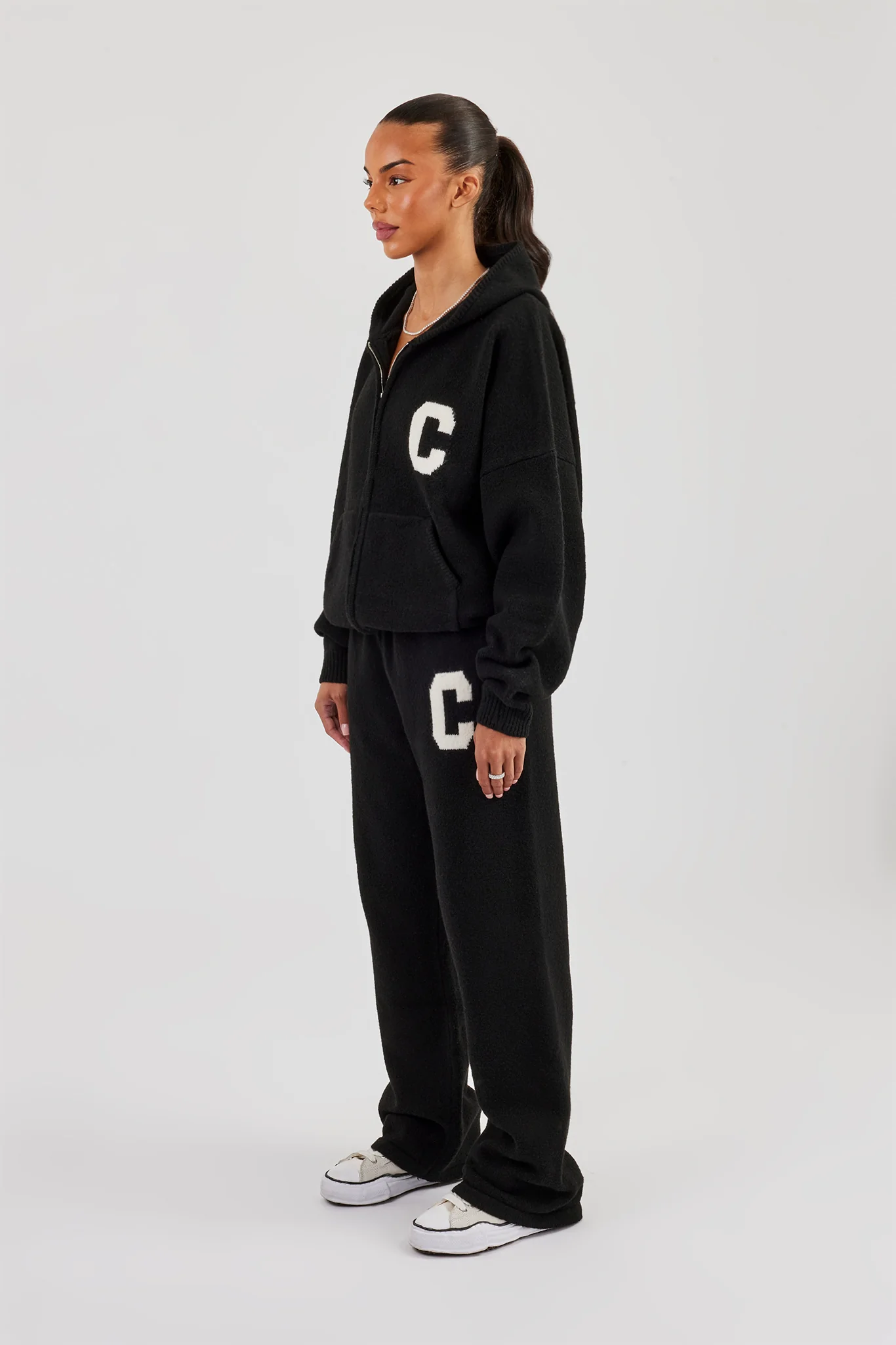 Hooded Zip Through Knitted Tracksuit - Black - Image 3