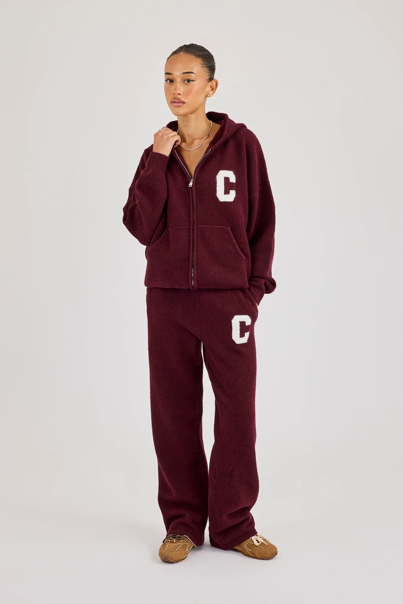 Hooded Zip Through Knitted Tracksuit - Burgundy - Image 2