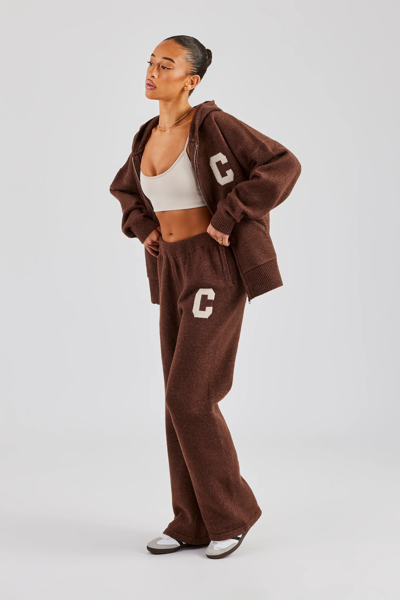 Hooded Zip Through Knitted Tracksuit - Chocolate - Image 4