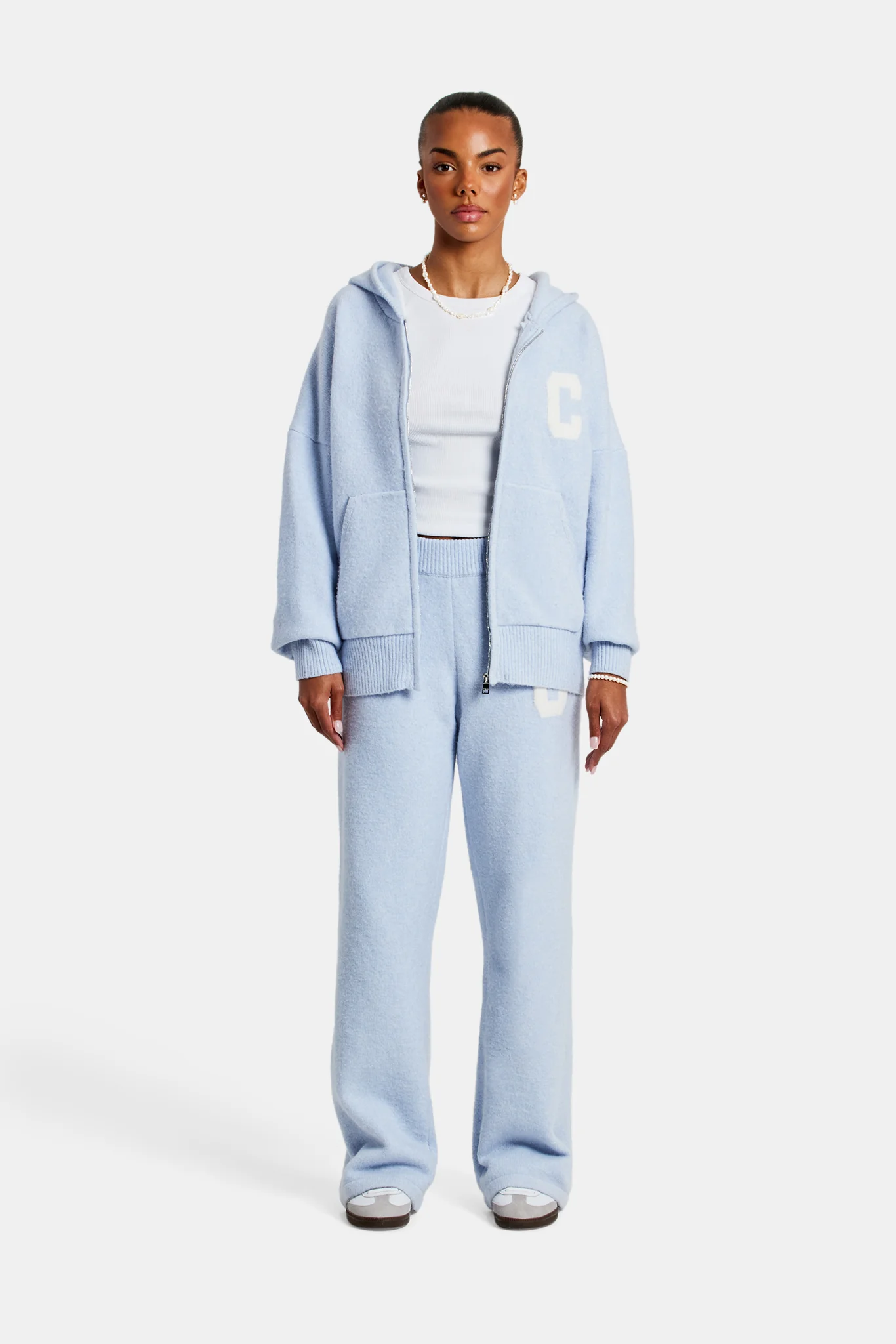 Hooded Zip Through Knitted Tracksuit - Light Blue - Image 11