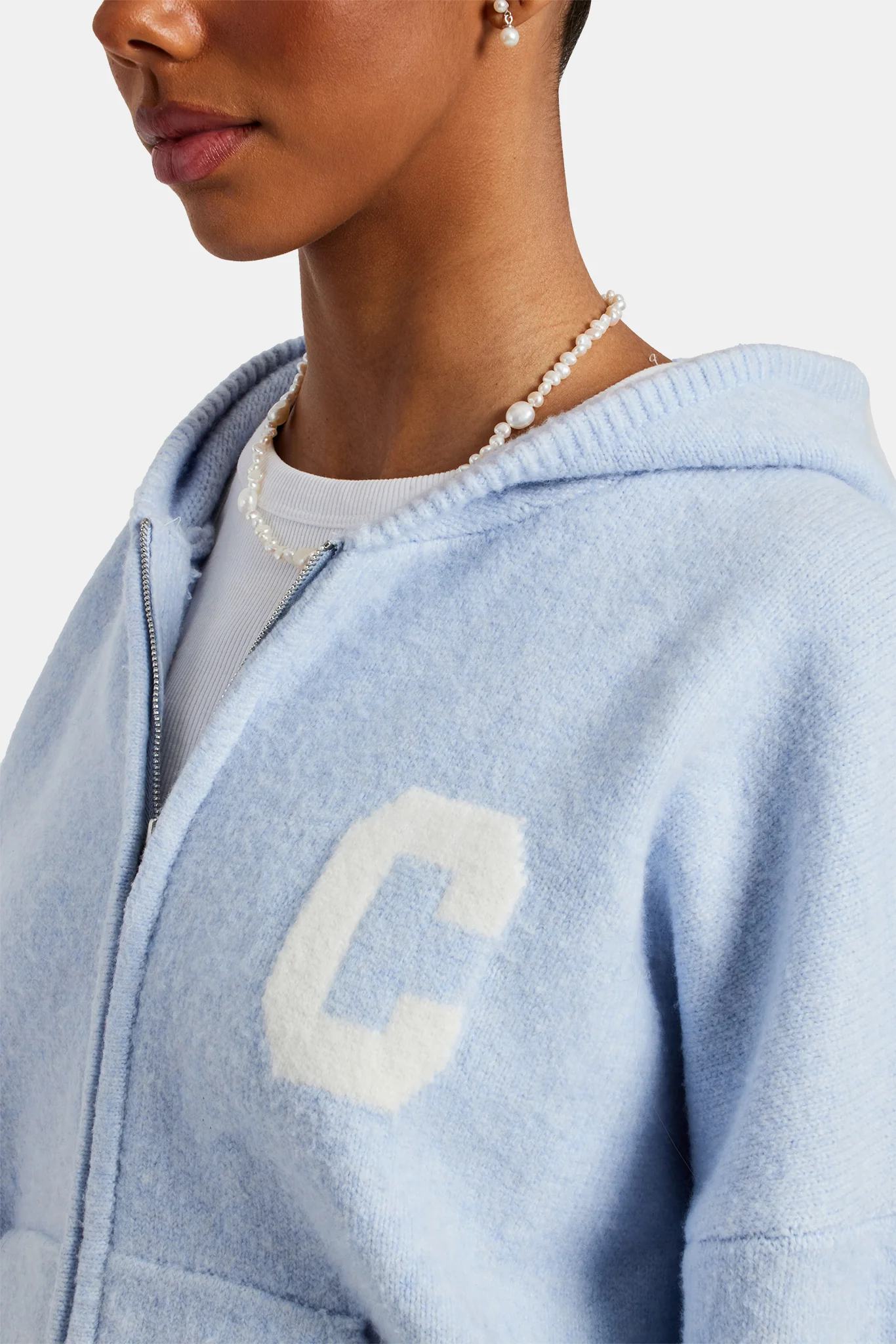Hooded Zip Through Knitted Tracksuit - Light Blue - Image 6