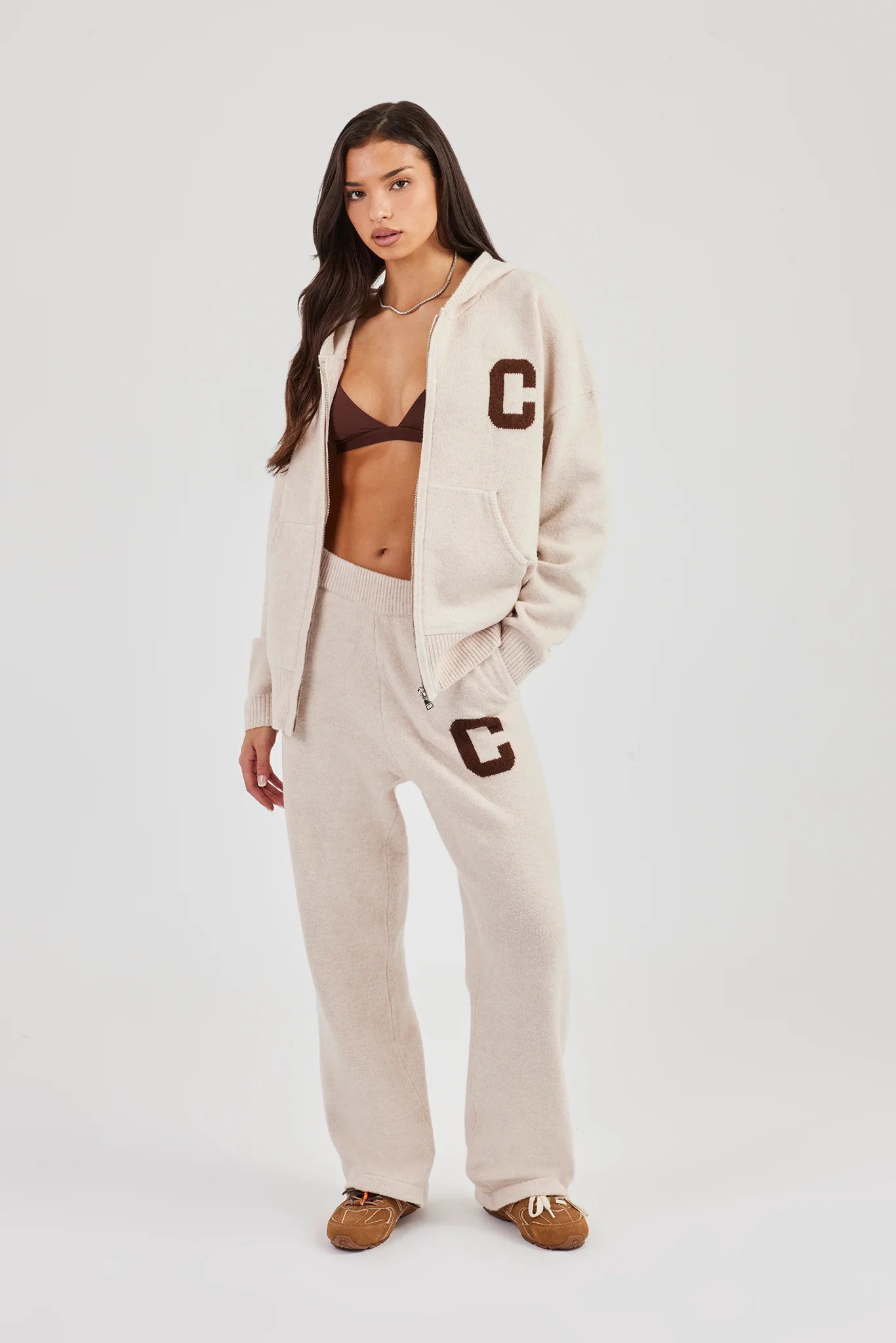 Hooded Zip Through Knitted Tracksuit - Off White - Image 2