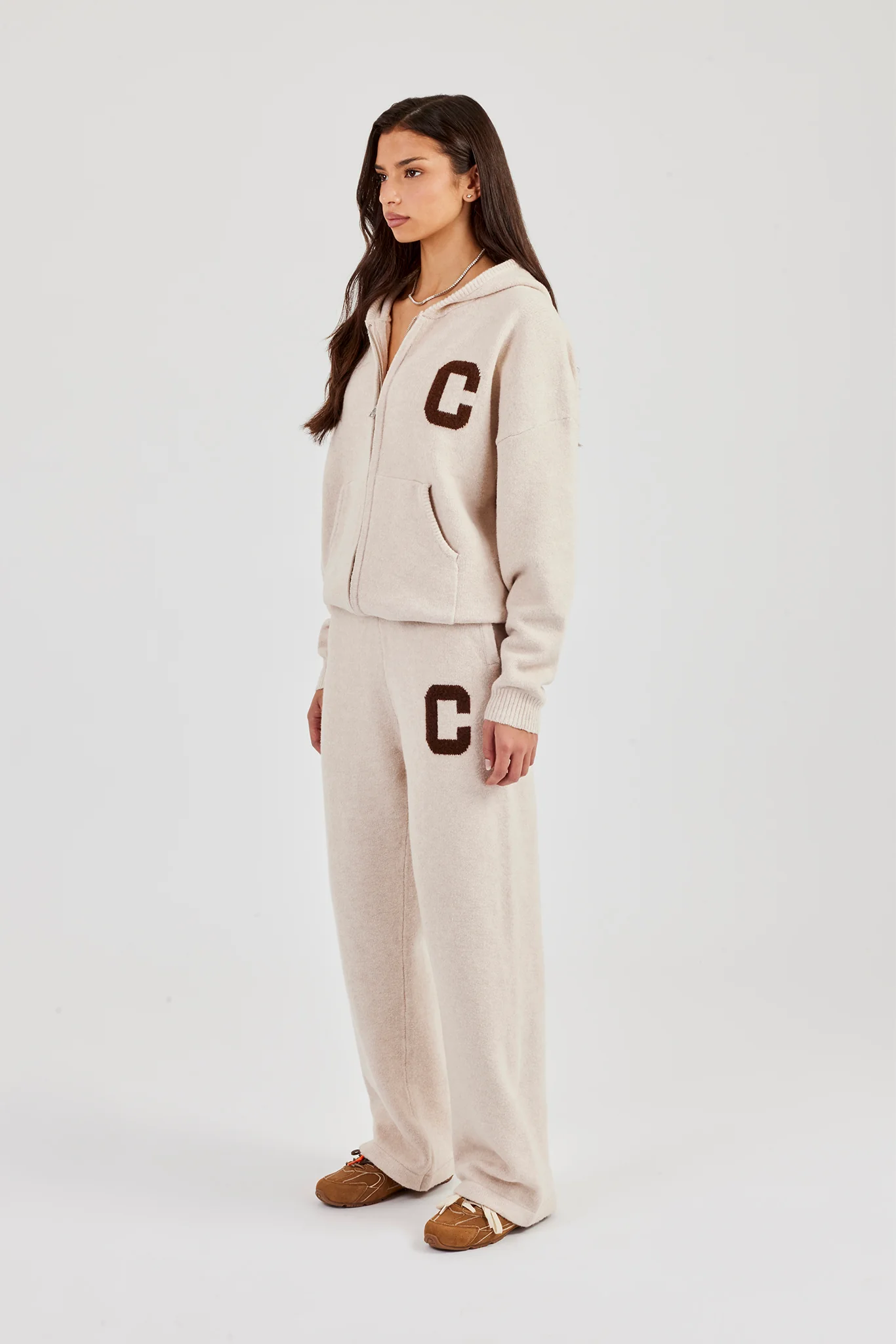 Hooded Zip Through Knitted Tracksuit - Off White - Image 6