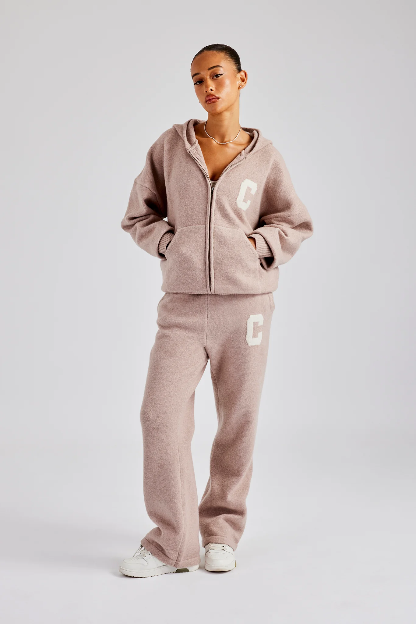 Hooded Zip Through Knitted Tracksuit - Pink - Image 2