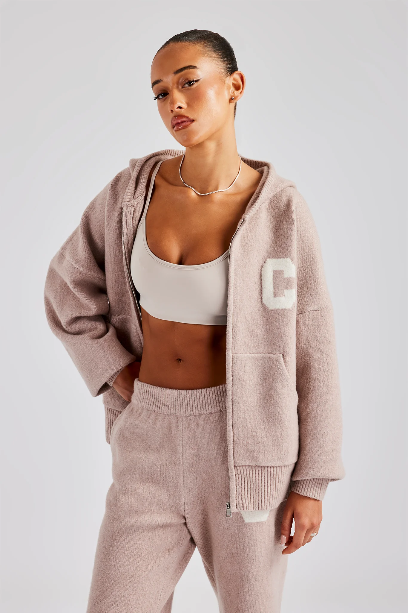 Hooded Zip Through Knitted Tracksuit - Pink - Image 3