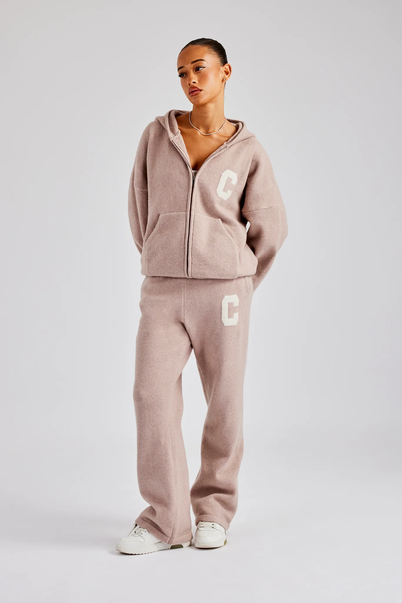 Hooded Zip Through Knitted Tracksuit - Pink - Image 4