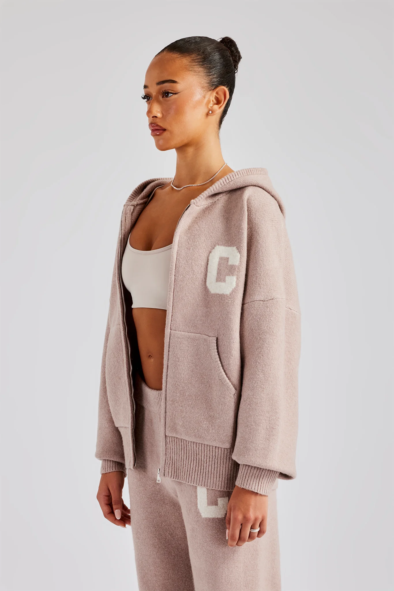 Hooded Zip Through Knitted Tracksuit - Pink - Image 5