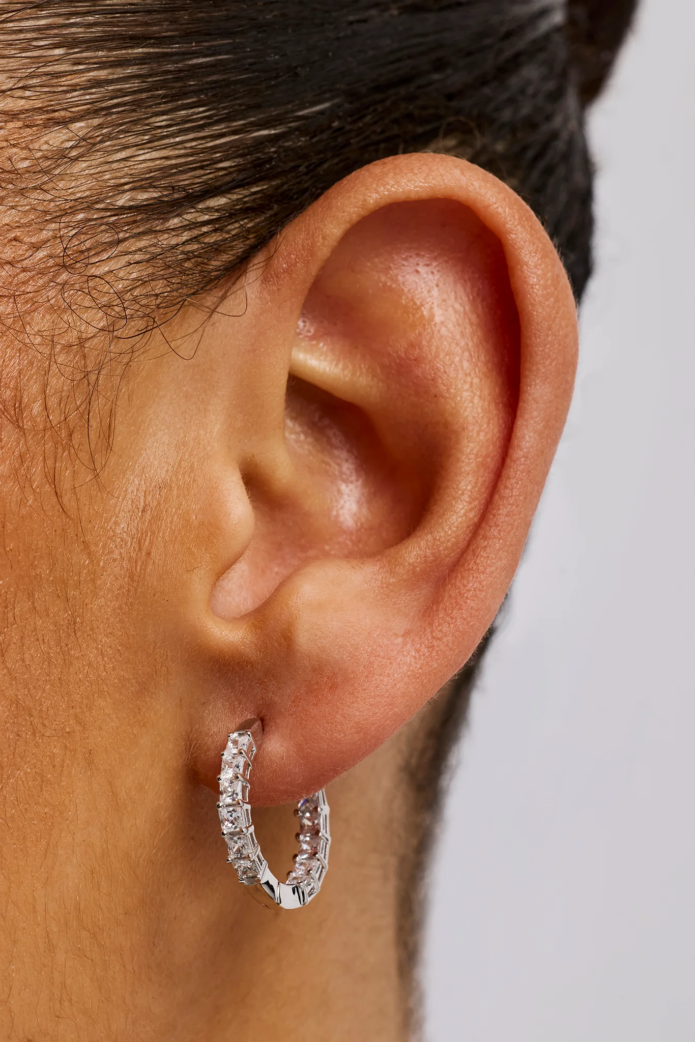 Iced Baguette Hoop Earrings - 20mm - White Gold - Image 3