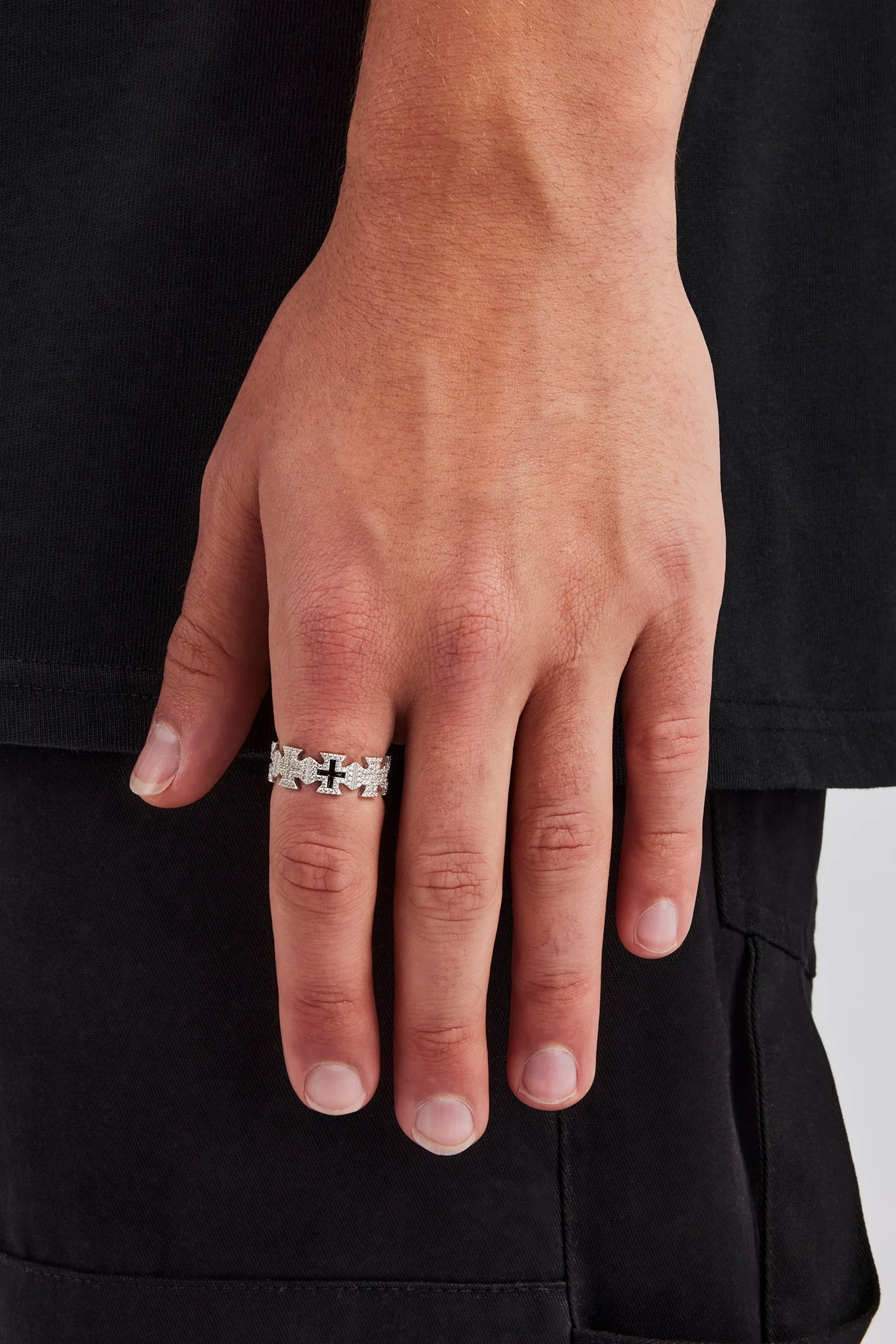 Iced & Black Enamel Cross Motif Ring - 8mm - Image 2