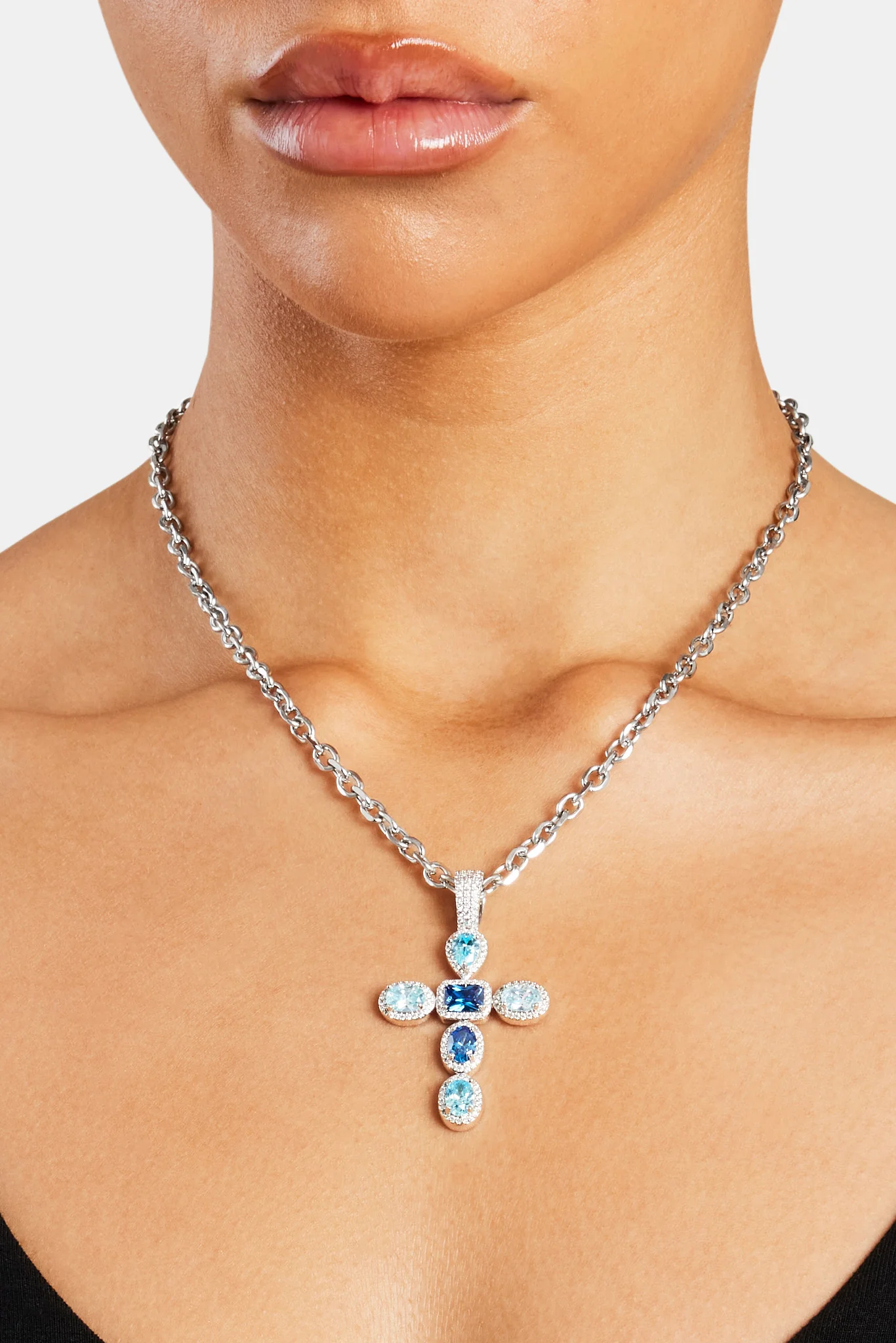 Iced Blue Cross Necklace - White - Image 2