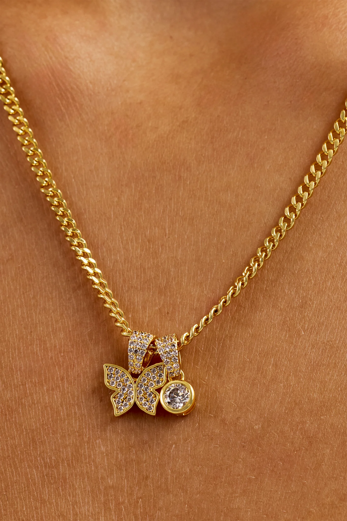 Iced Butterfly Pendant Necklace - 15mm - Gold - Image 3