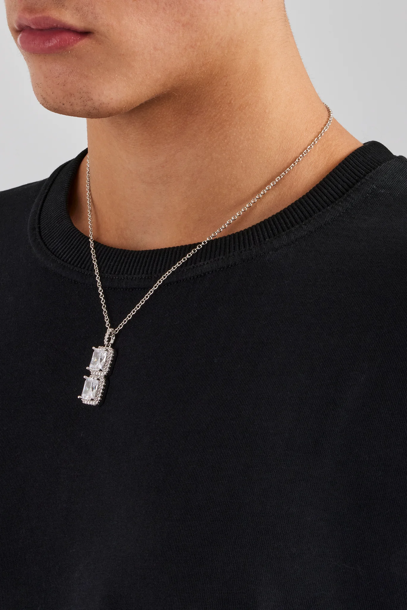 Iced Clear Double Stone Pendant Necklace - 40mm - Image 3