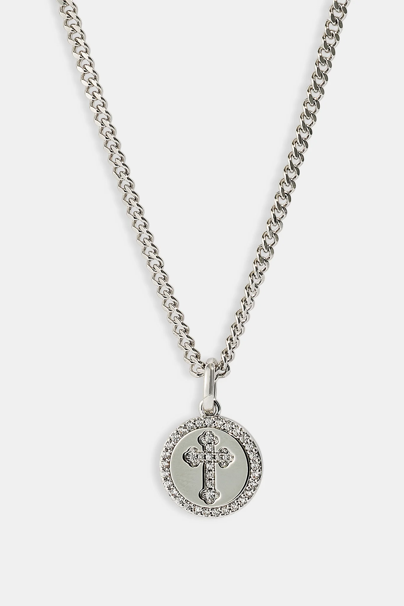 Iced Cross Disk Necklace - 13mm - White - Image 4