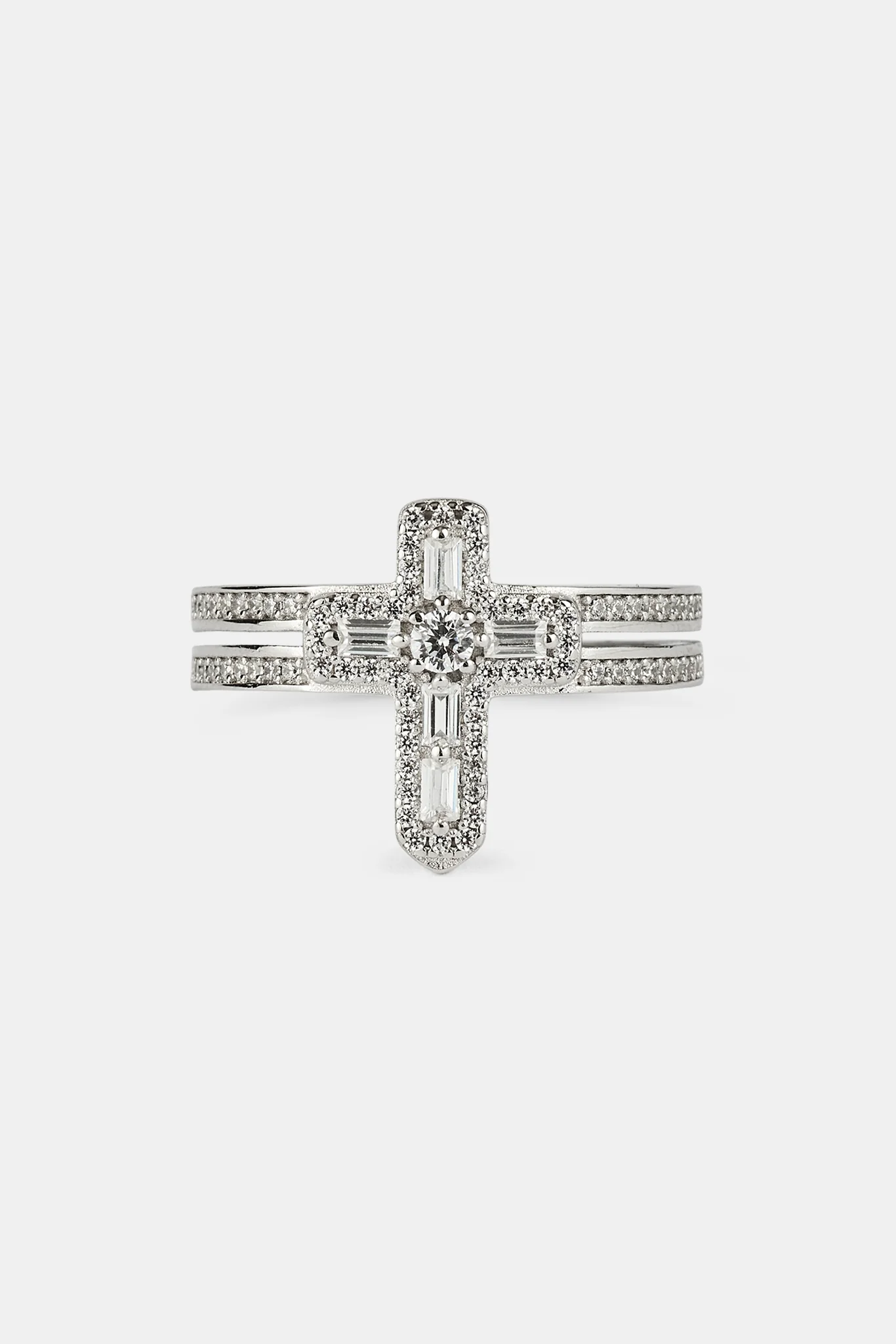 Iced Cross Double Row Ring - 15mm - White Gold - Image 2