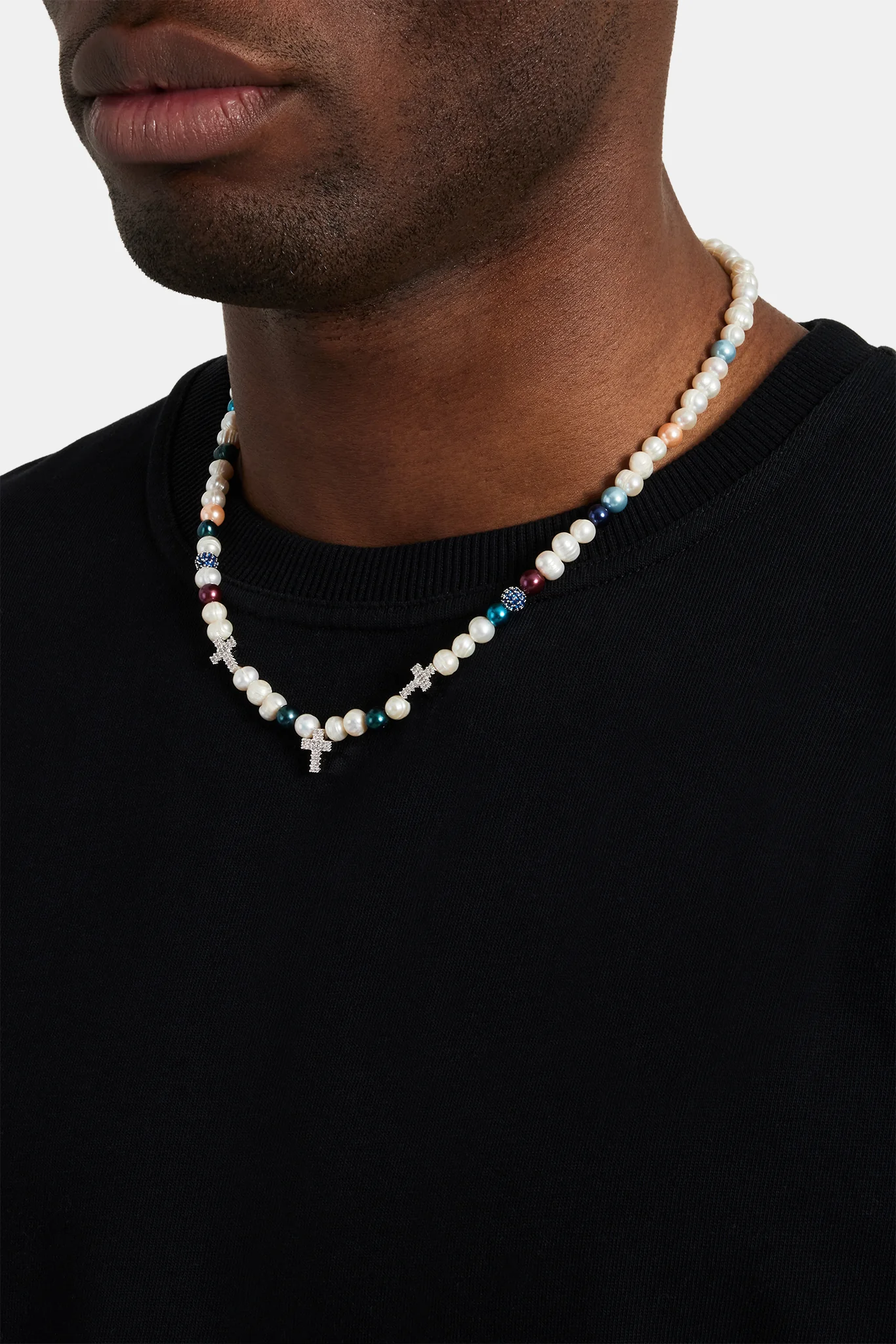 Iced Cross Freshwater Pearl Bead Necklace - Image 3