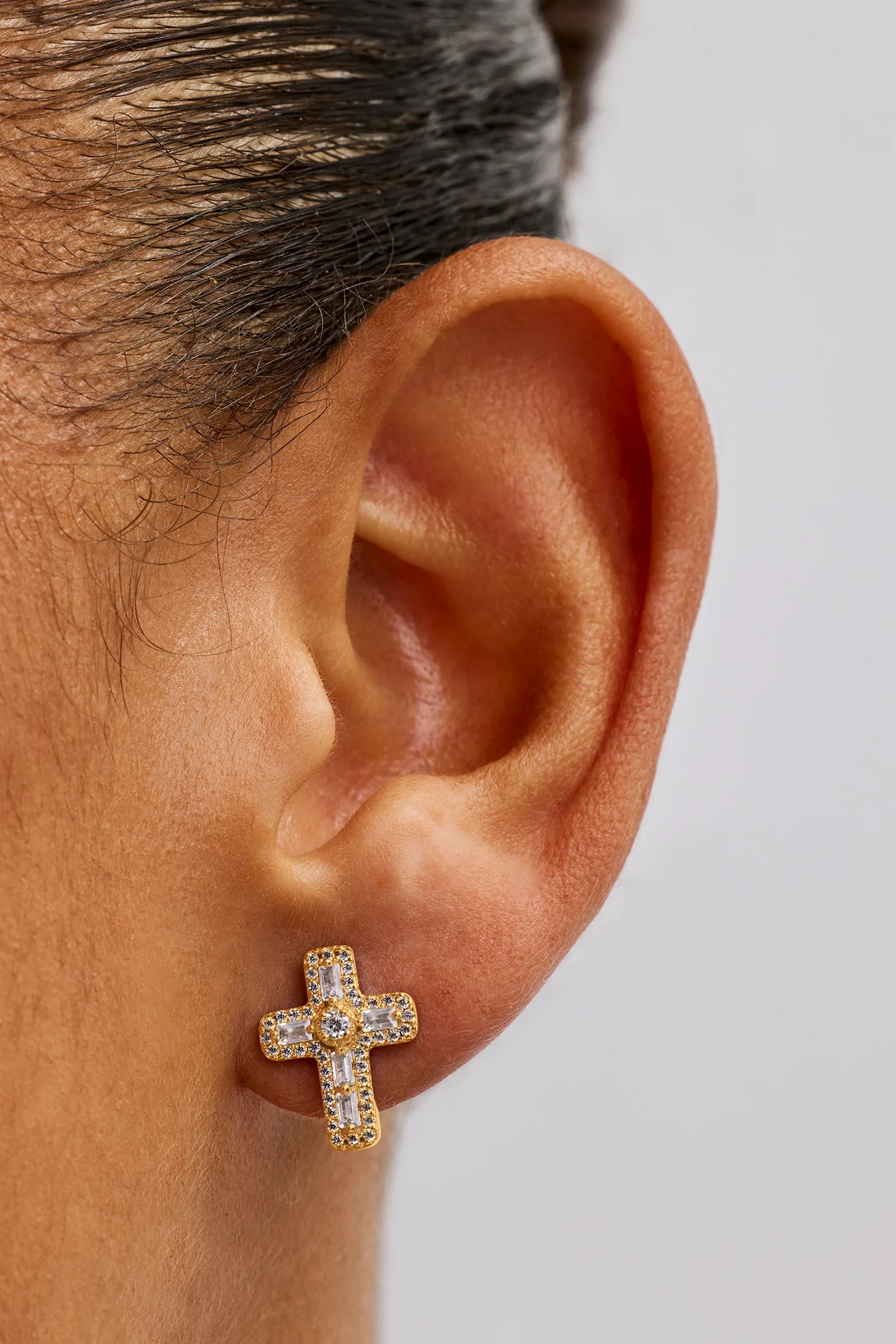 Iced Cross Stud Earrings - 15mm - Gold - Image 2