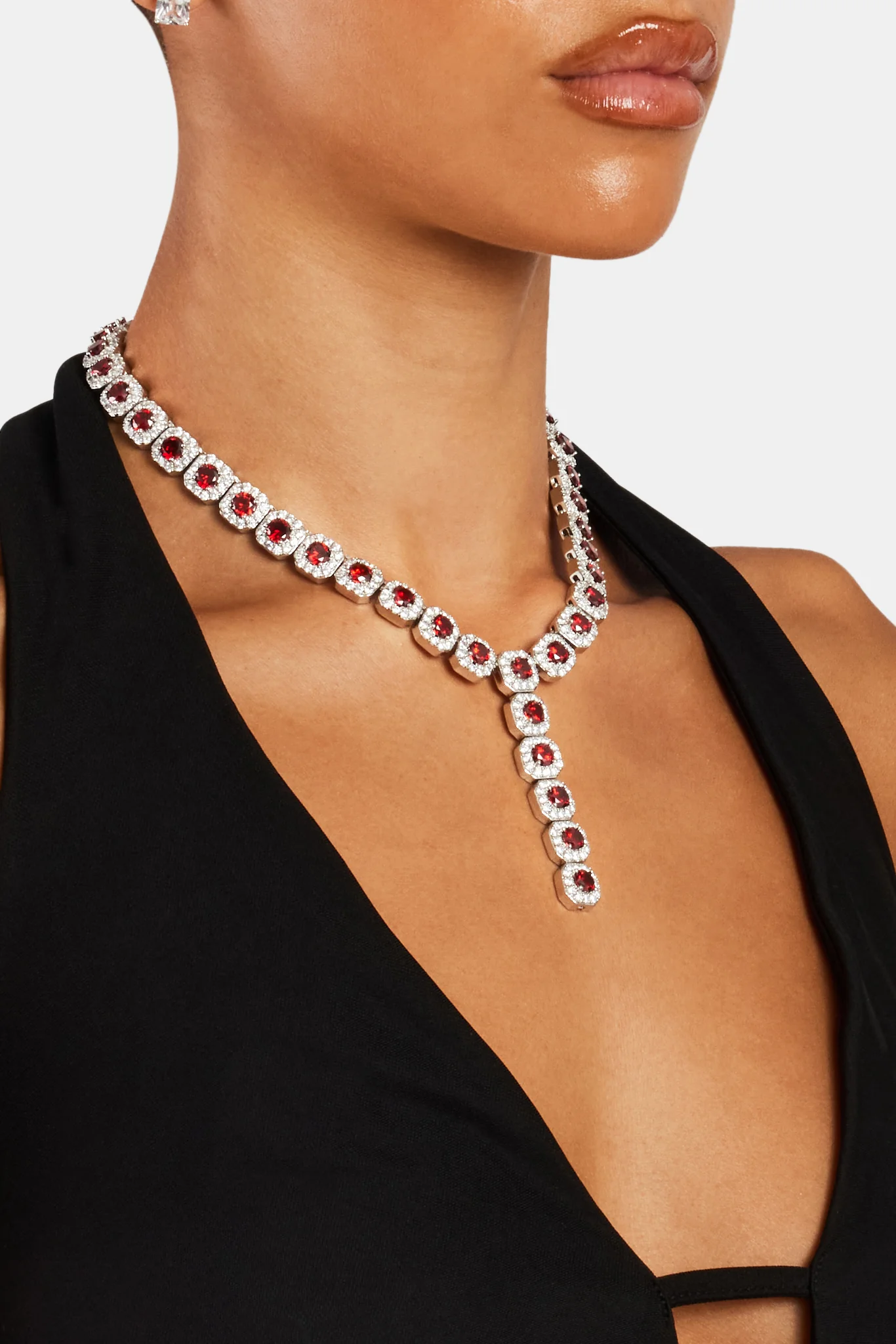 Iced Deep Red CZ Cluster Drop Necklace - Image 3