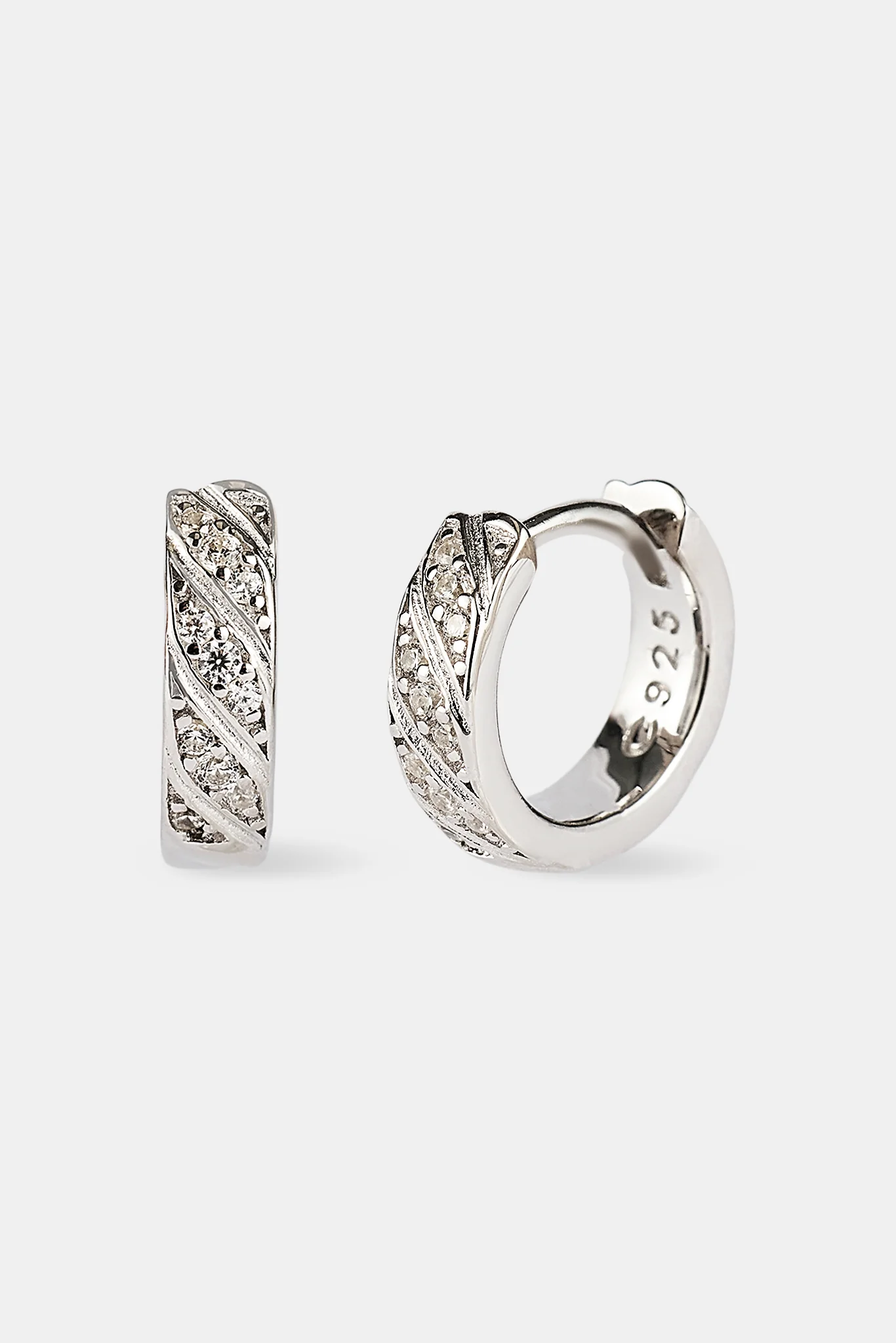 Iced Diagonal Stripe Huggie Hoop Earring - 13mm - White