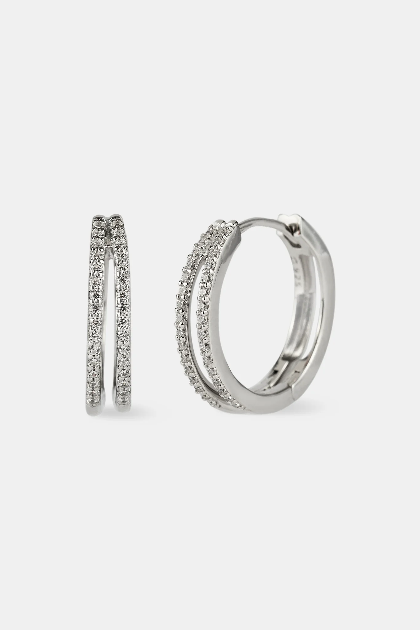 Iced Double Row Hoop Earrings - 20mm - White Gold - Image 2