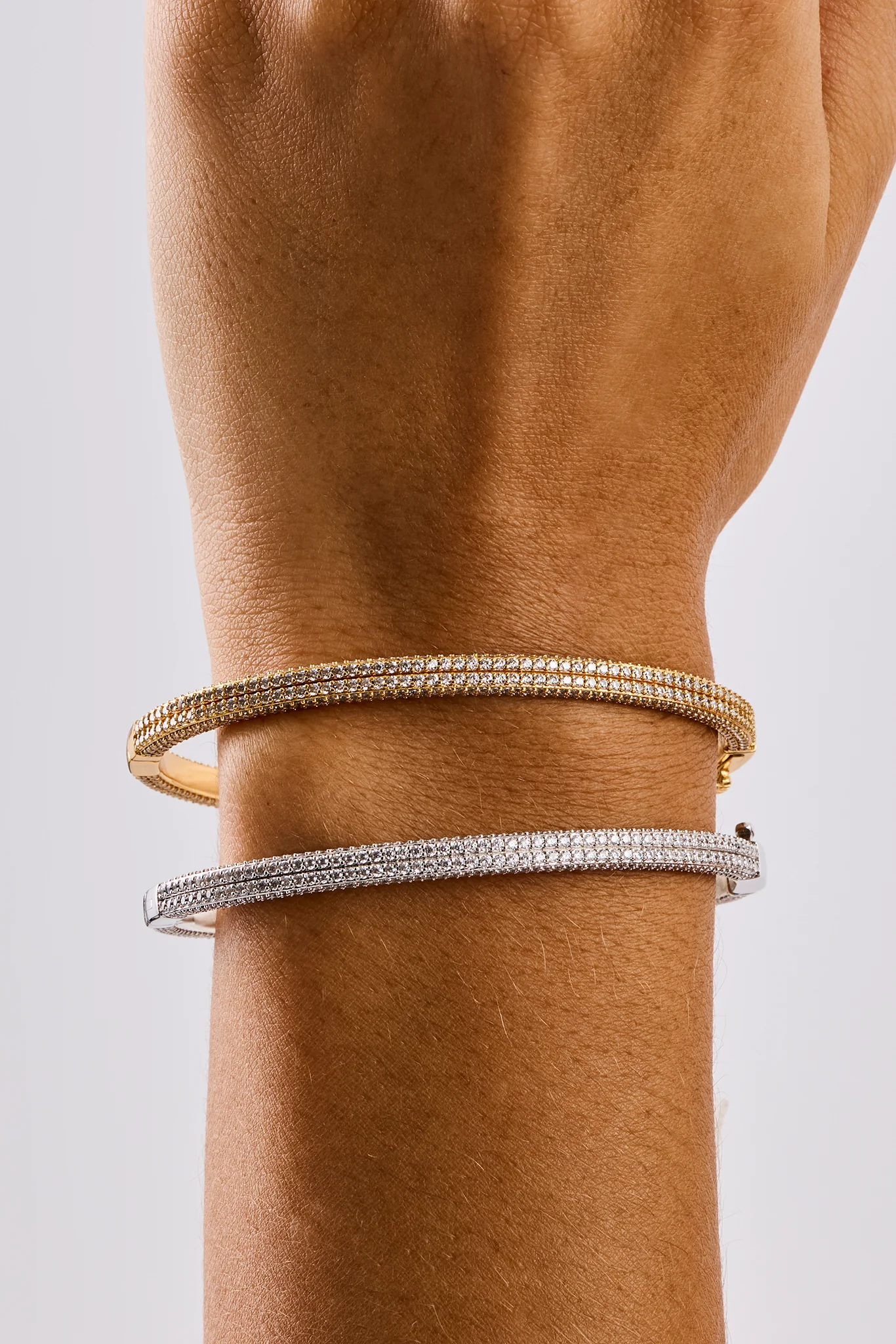Iced Double Row Tennis Bangle - 4mm - Gold - Image 4