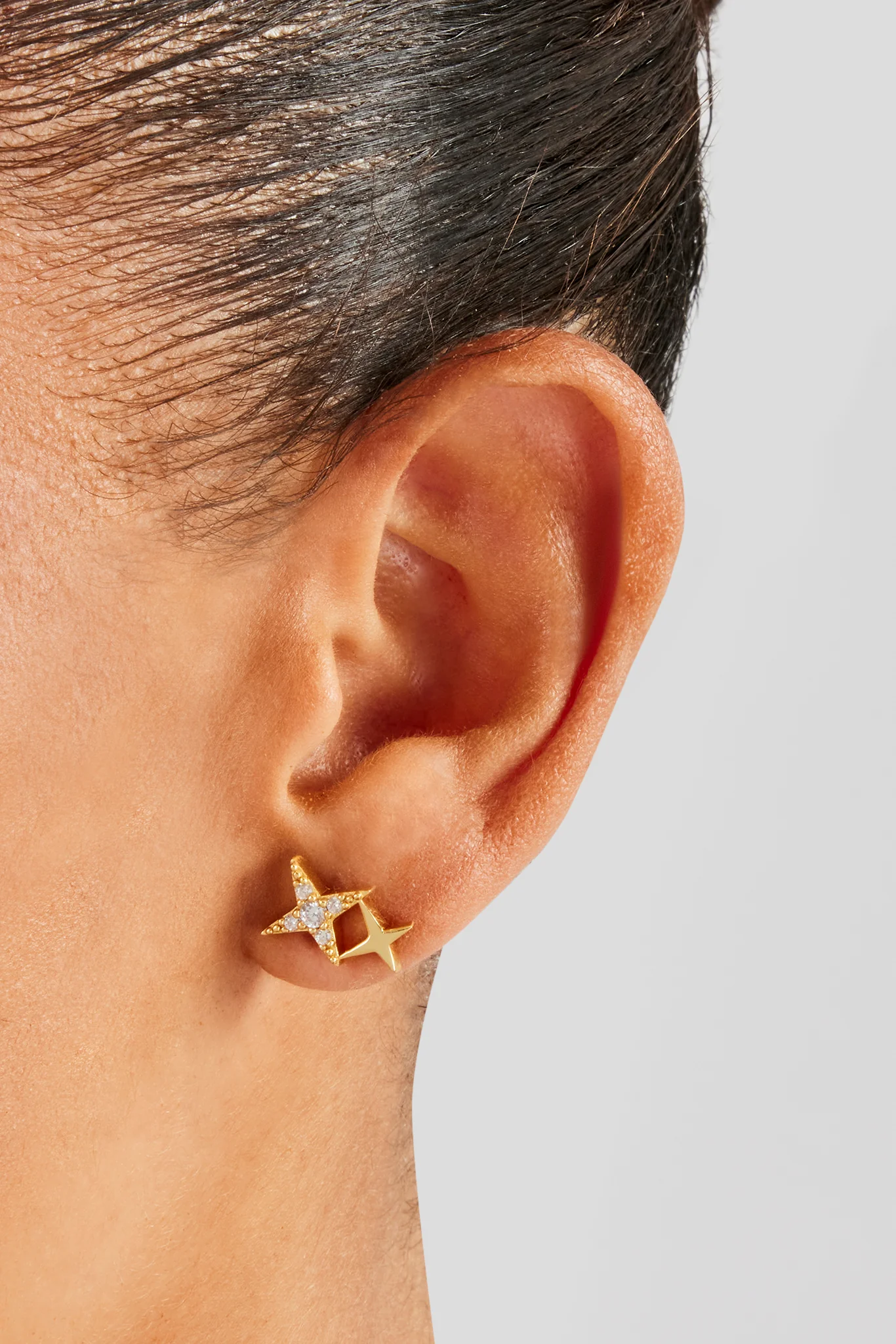 Iced Double Star Stud Earrings - 14mm - Gold - Image 2