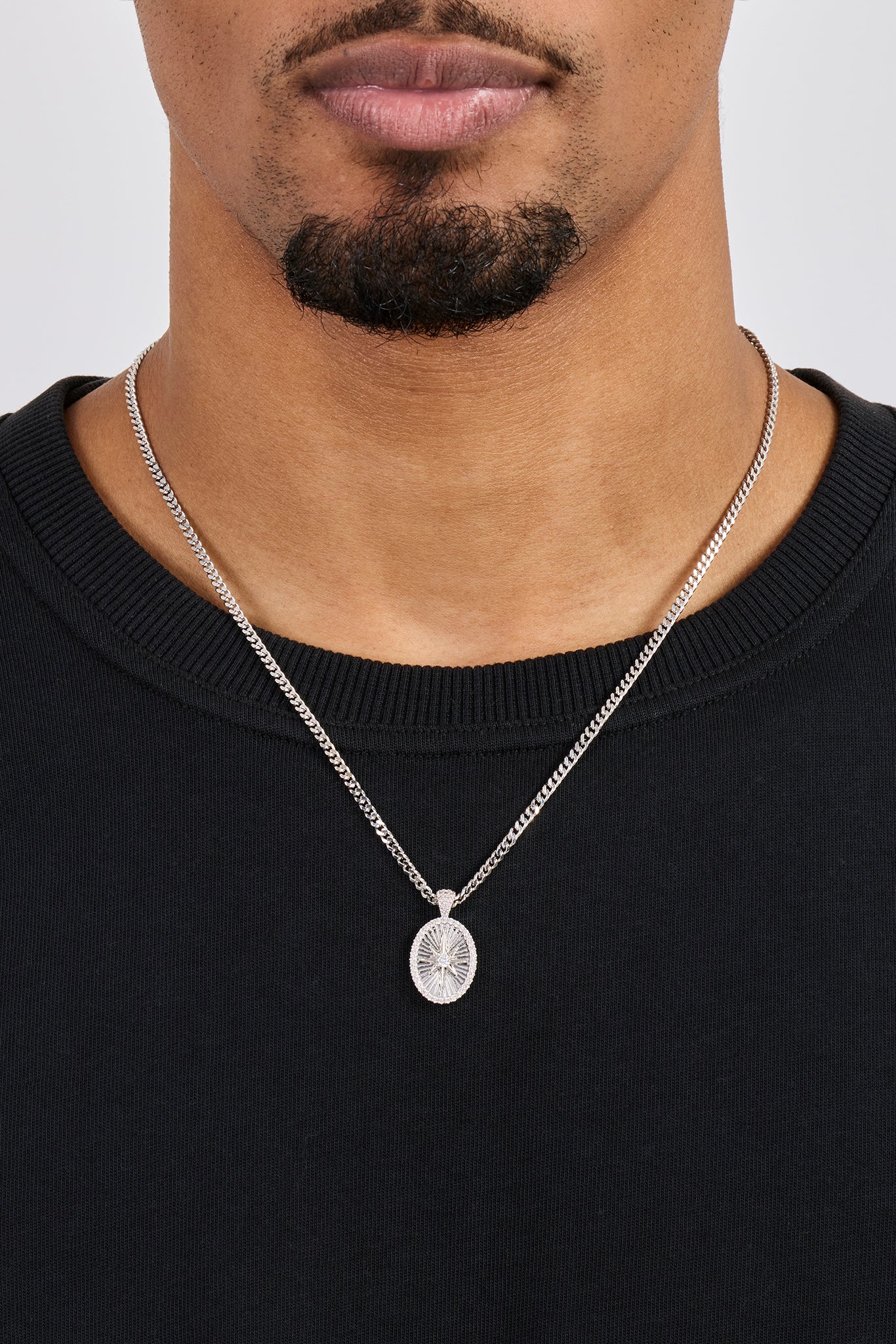 Iced Edge Oval Micro Pendant Necklace - 20mm - White - Image 2