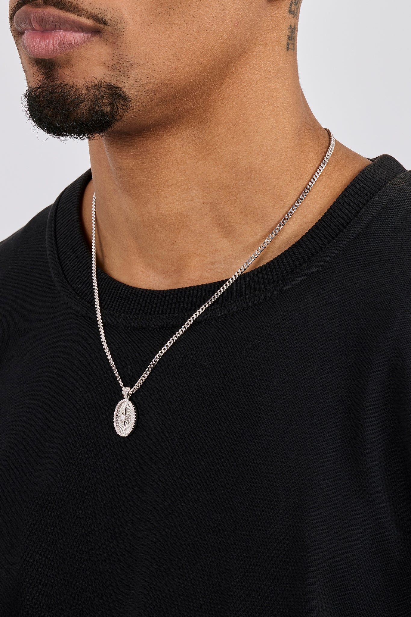 Iced Edge Oval Micro Pendant Necklace - 20mm - White - Image 3