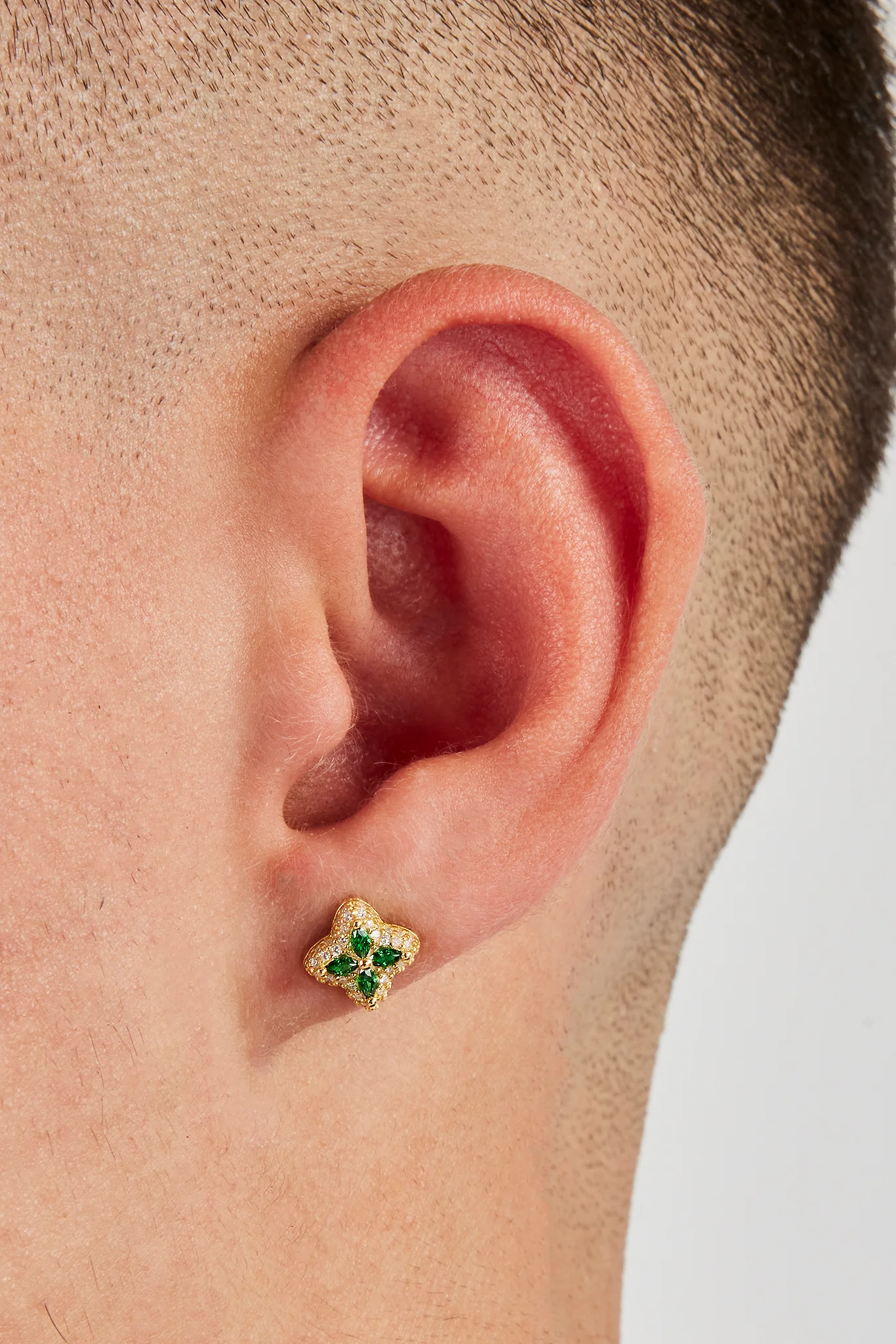 Iced Green Baguette Motif Stud Earrings - 8mm - Gold - Image 2