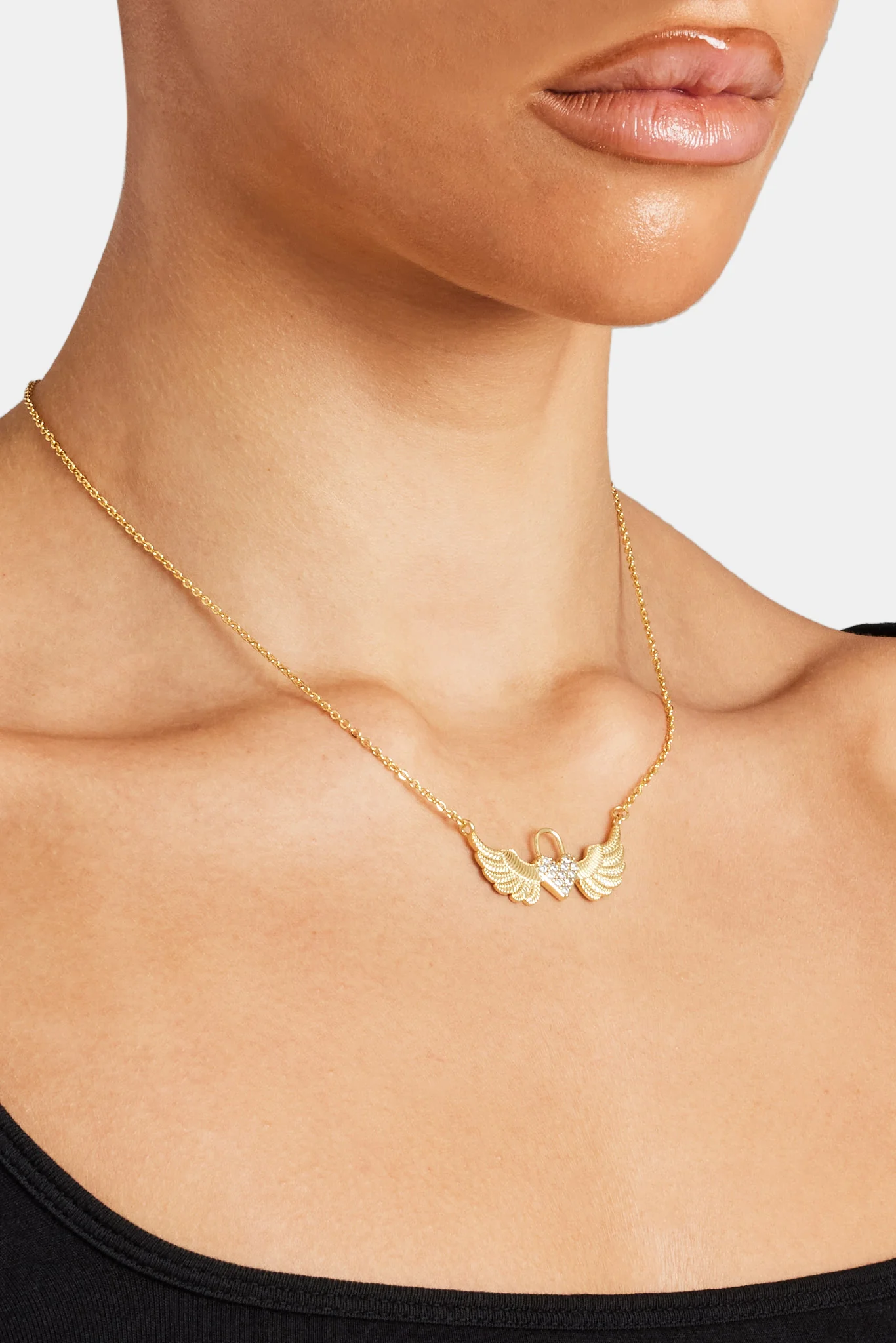 Iced Heart Padlock Angel Necklace - Gold - Image 2