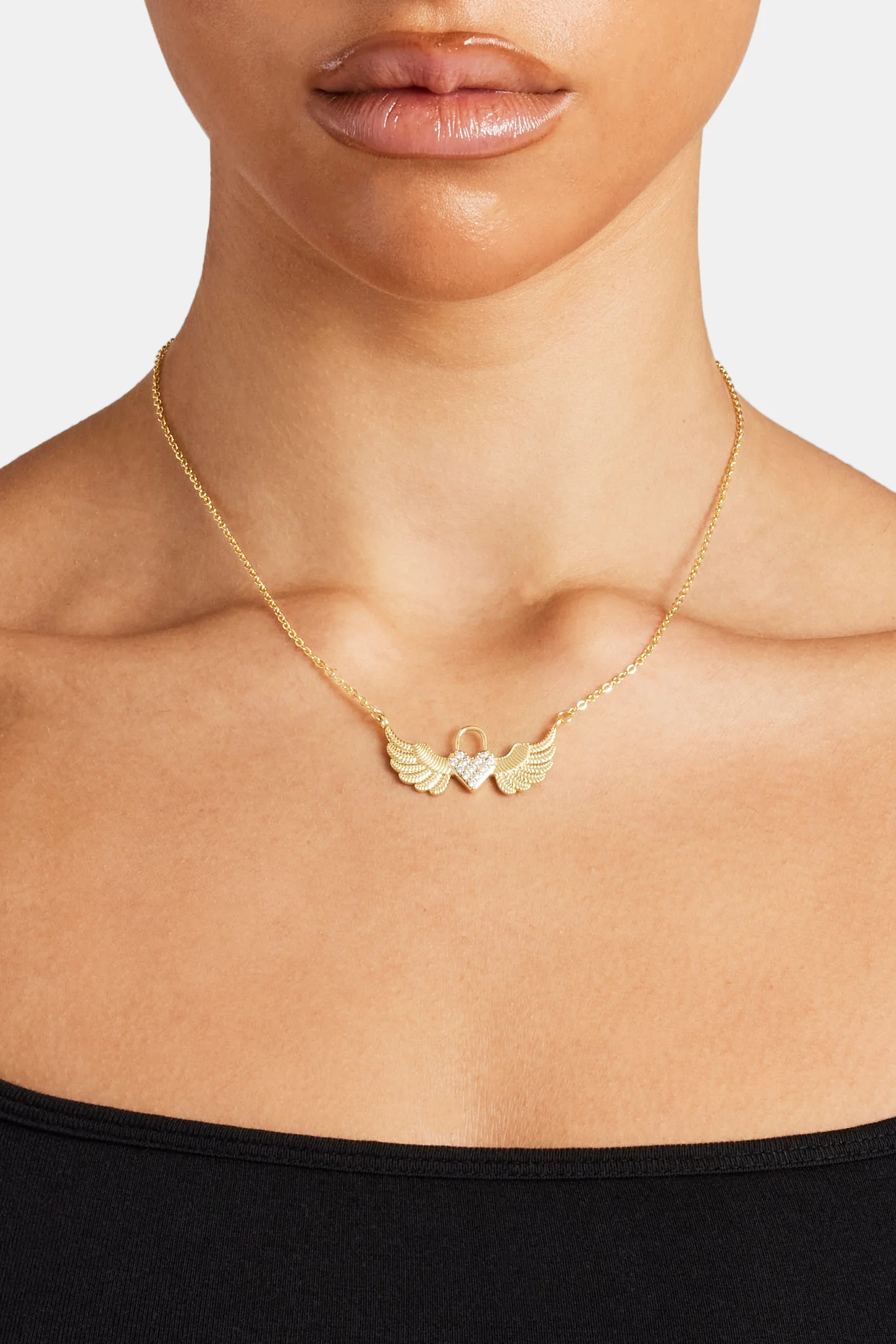Iced Heart Padlock Angel Necklace - Gold - Image 4