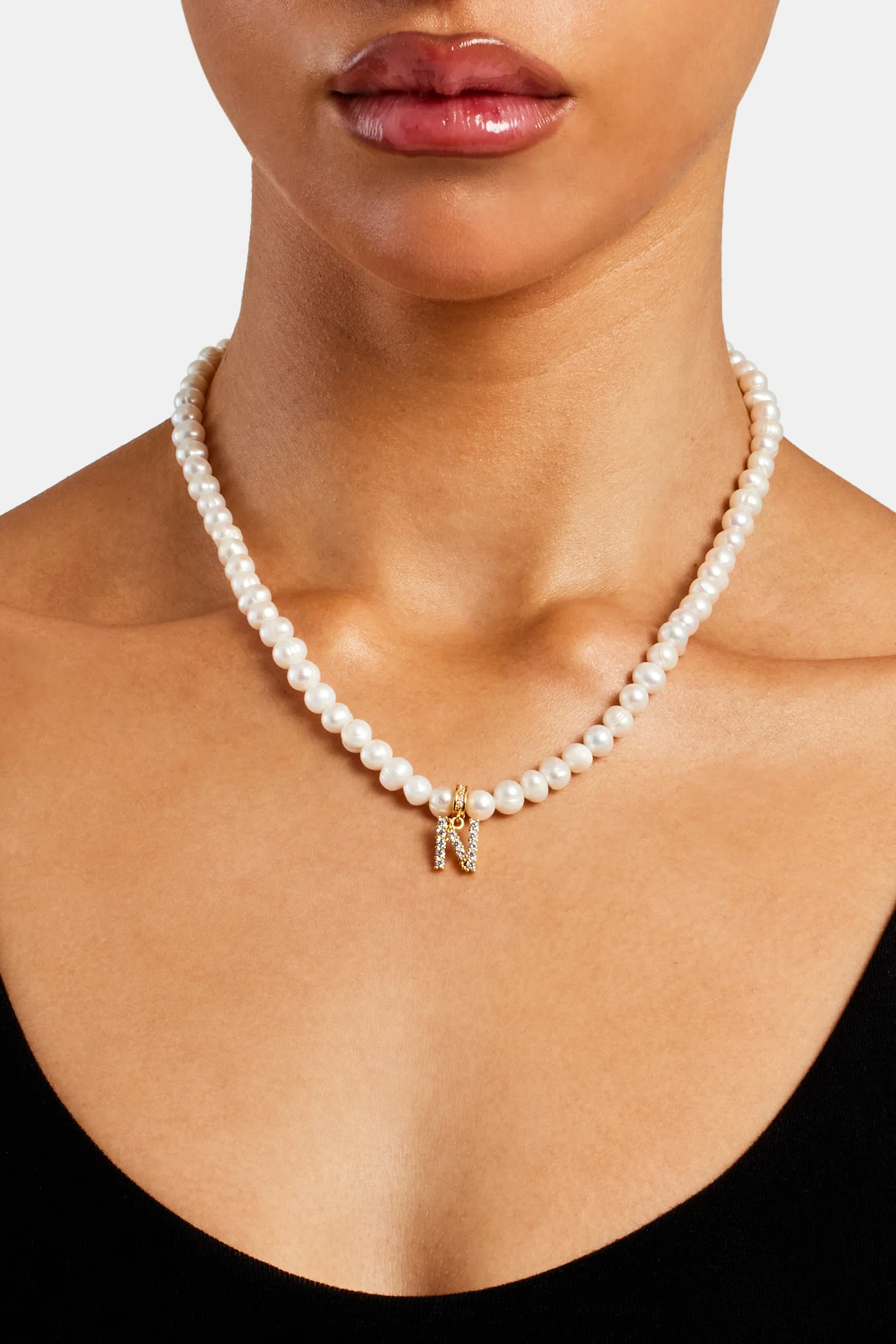Iced Initial Clip On Pendant + 6mm Pearl Chain - Image 34