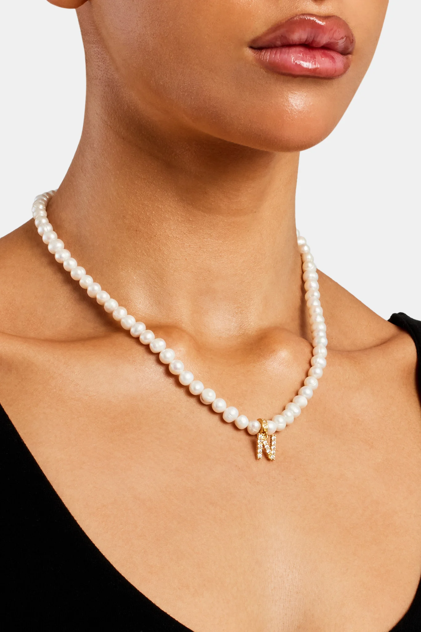 Iced Initial Clip On Pendant + 6mm Pearl Chain - Image 35