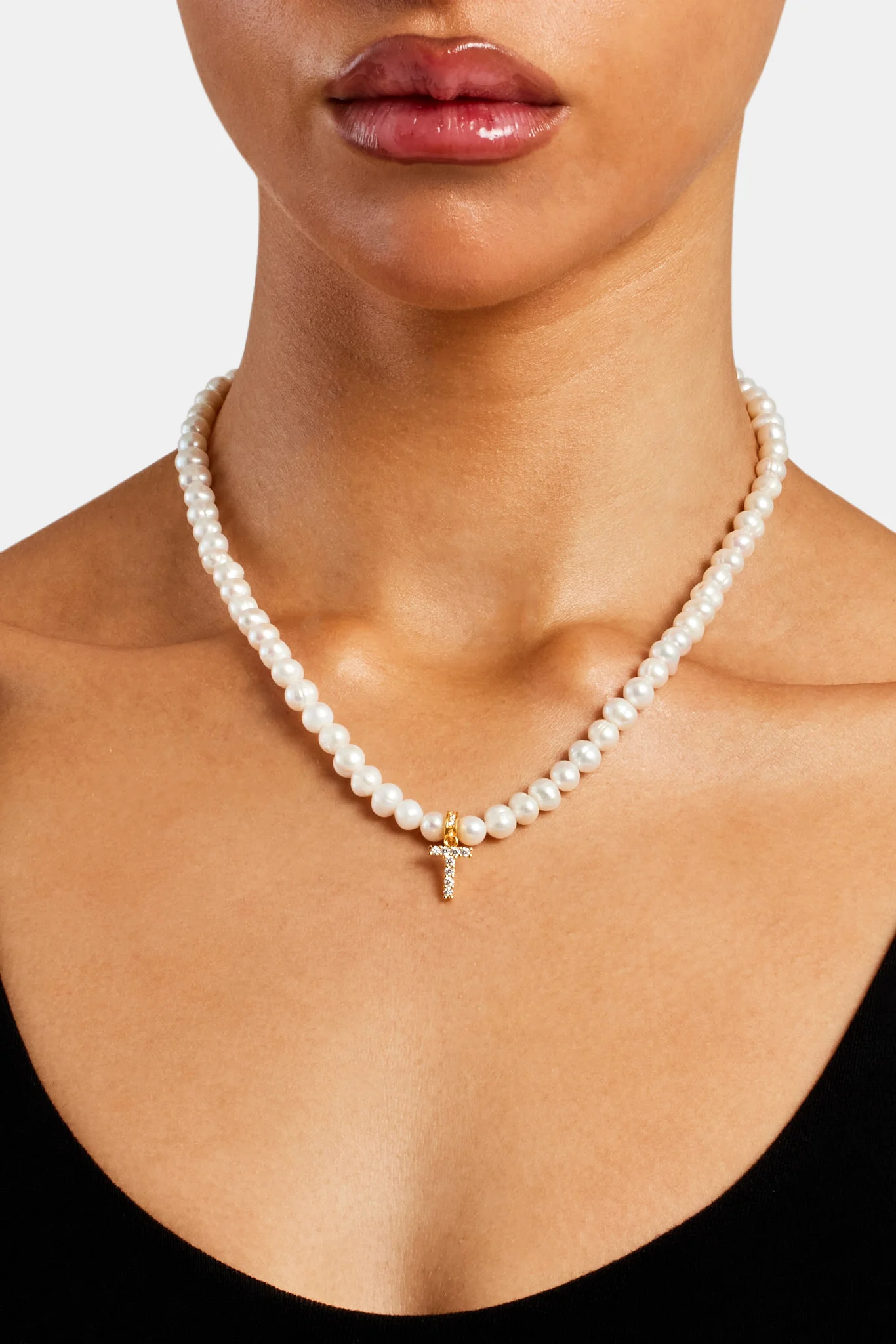 Iced Initial Clip On Pendant + 6mm Pearl Chain - Image 46