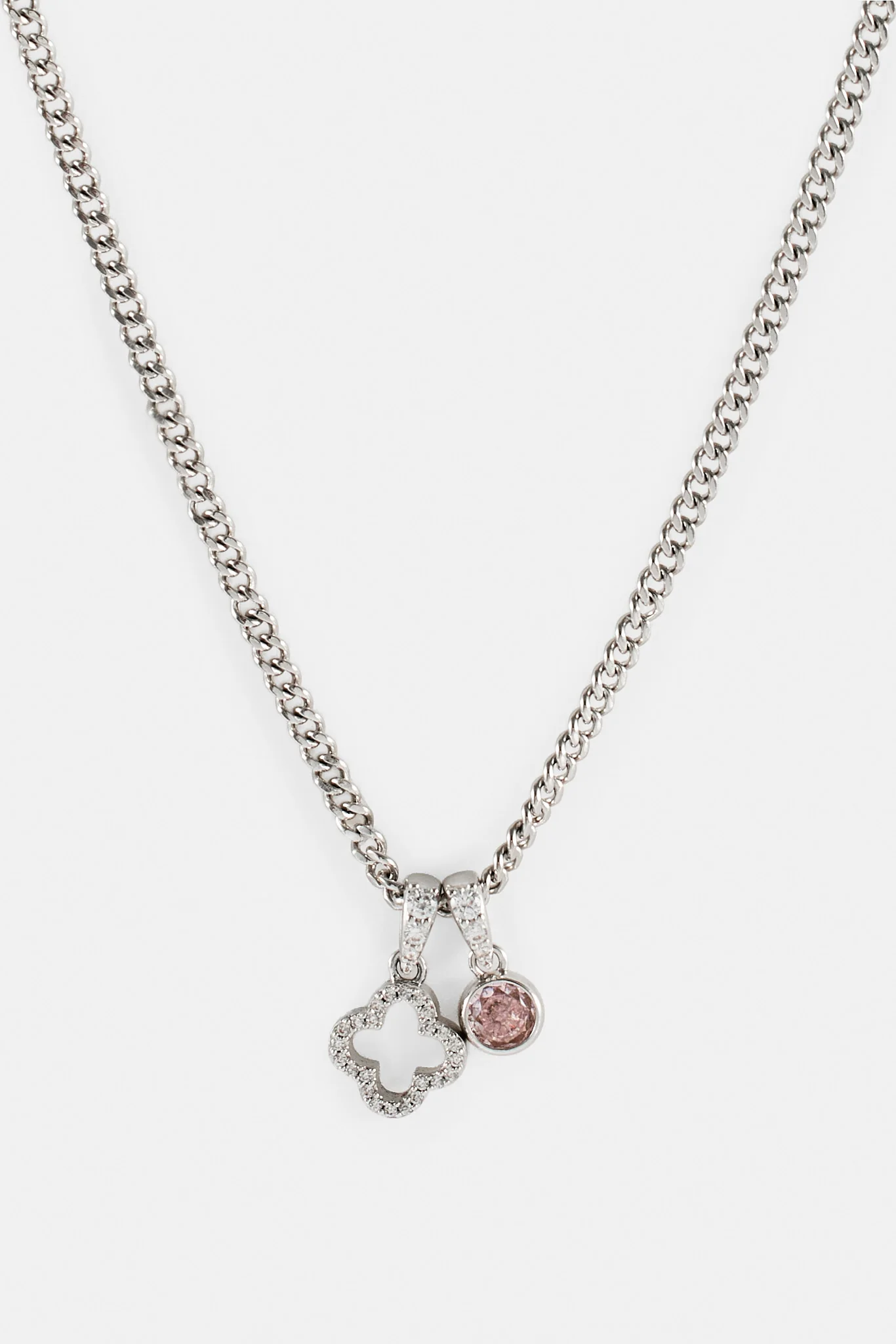 Iced Motif Outline & Pink Gemstone Necklace - 10mm - White - Image 4